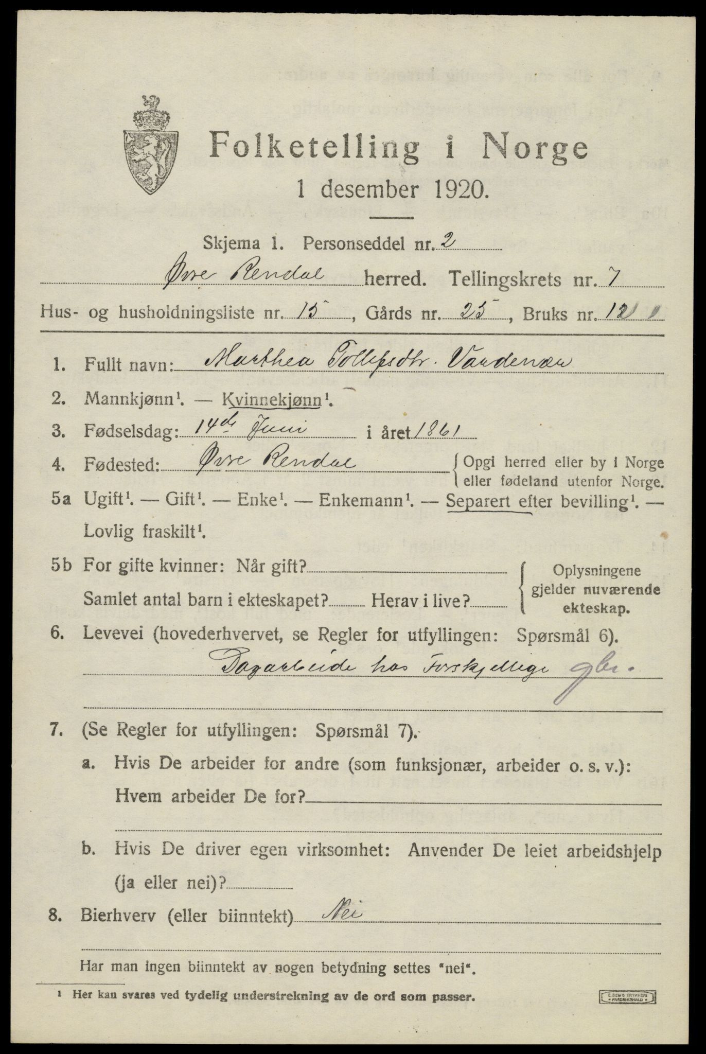 SAH, 1920 census for Øvre Rendal, 1920, p. 2569