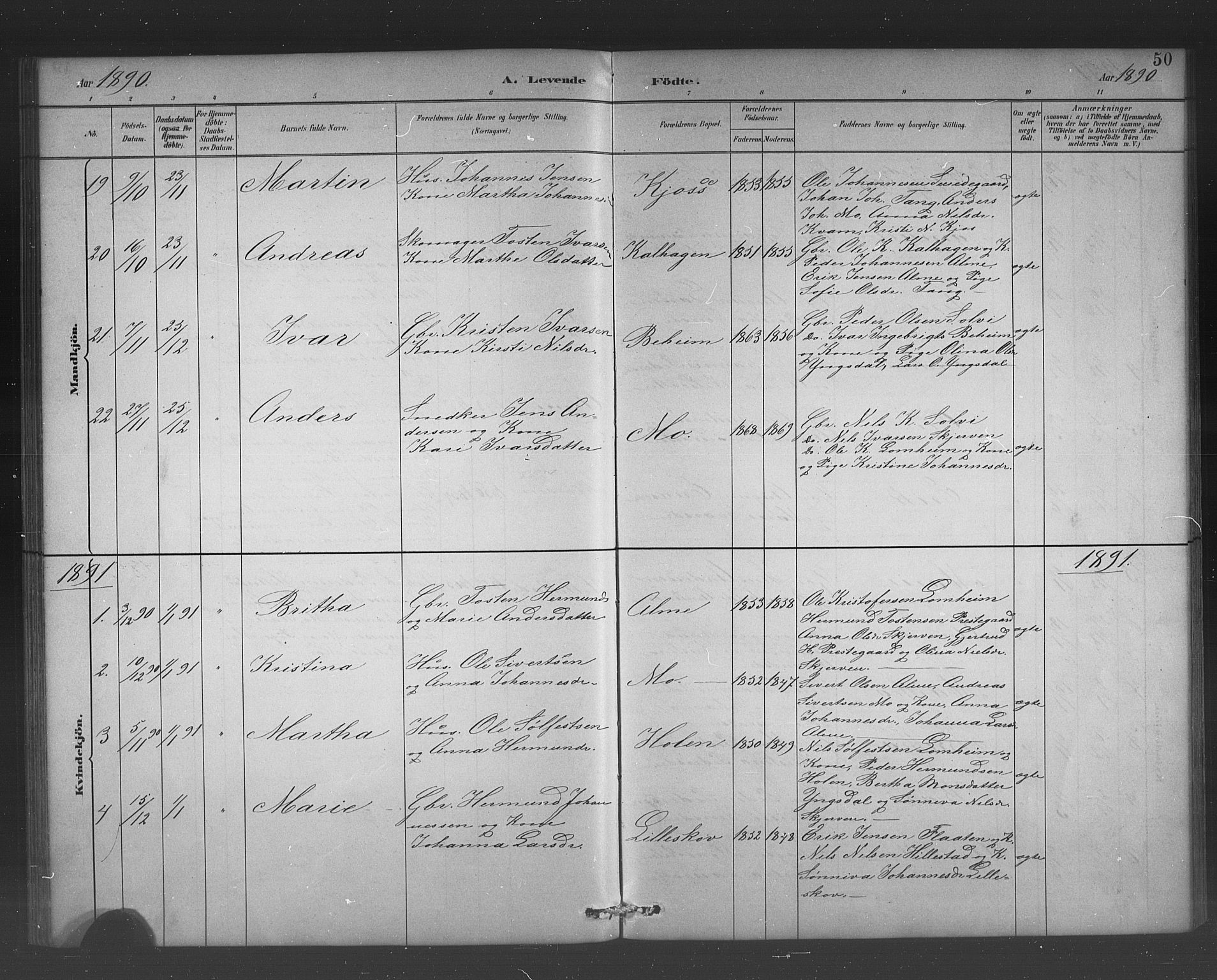 Hafslo sokneprestembete, AV/SAB-A-80301/H/Hab/Habb/L0001: Parish register (copy) no. B 1, 1882-1908, p. 50