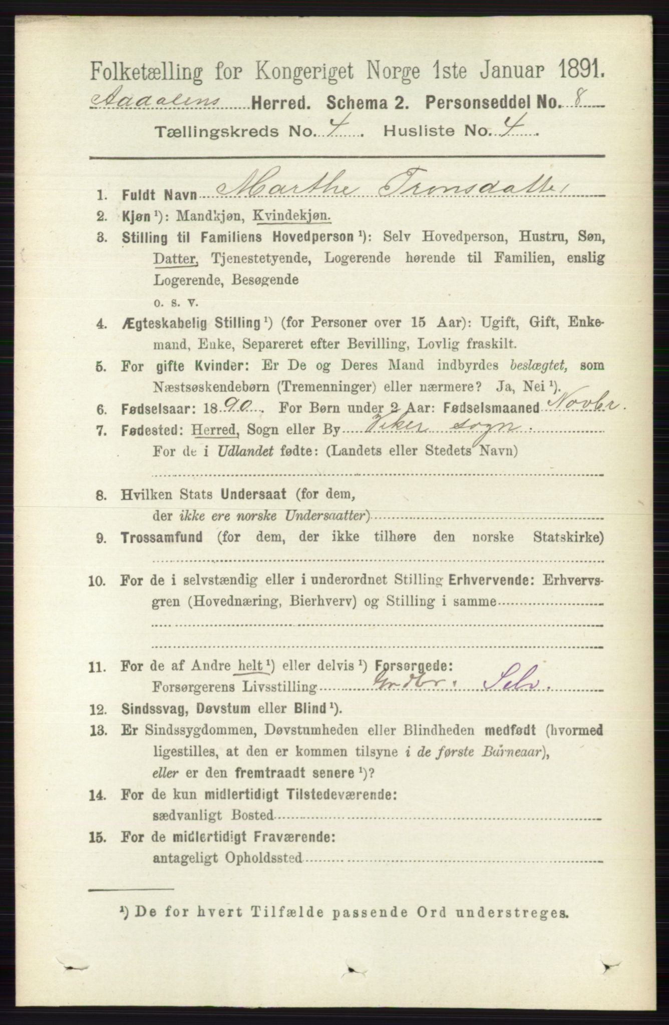 RA, 1891 census for 0614 Ådal, 1891, p. 1543