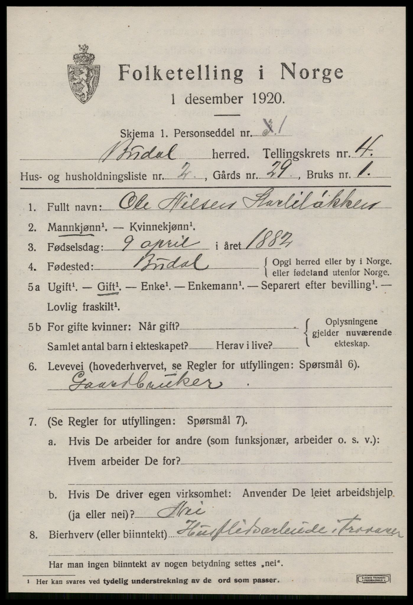 SAT, 1920 census for Budal, 1920, p. 1070