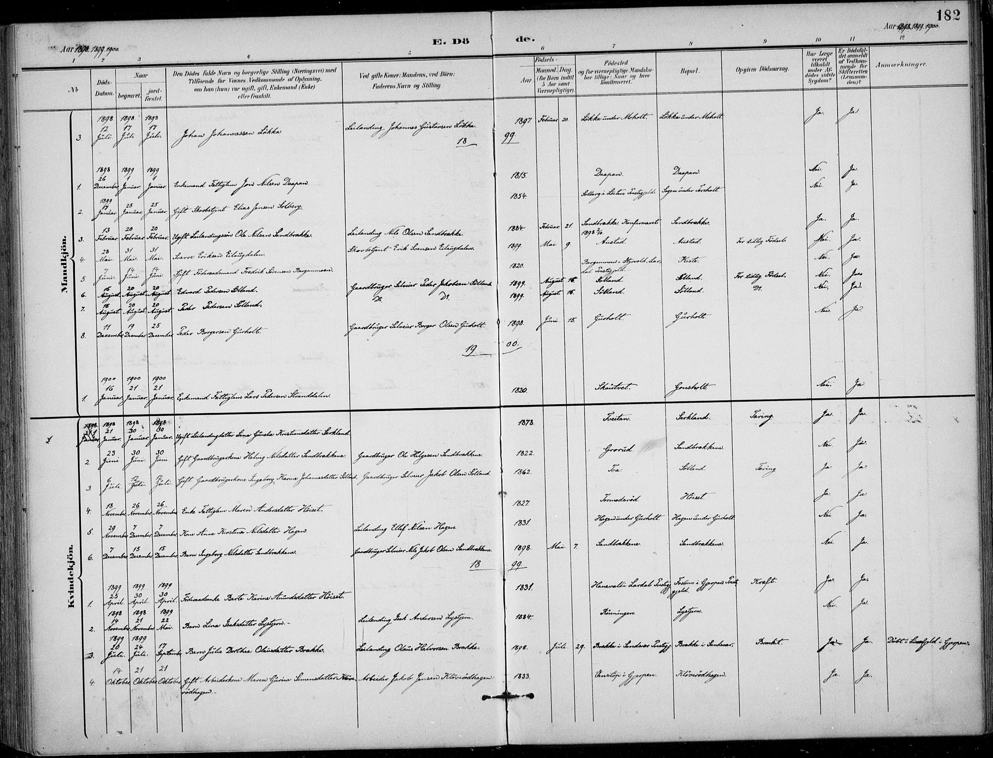 Siljan kirkebøker, SAKO/A-300/F/Fa/L0003: Parish register (official) no. 3, 1896-1910, p. 182