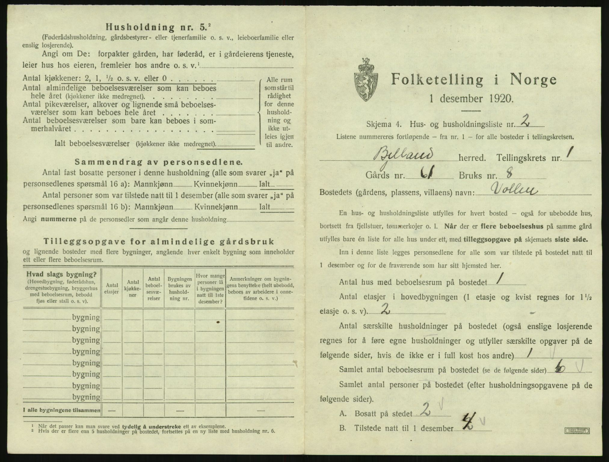 SAK, 1920 census for Bjelland, 1920, p. 41