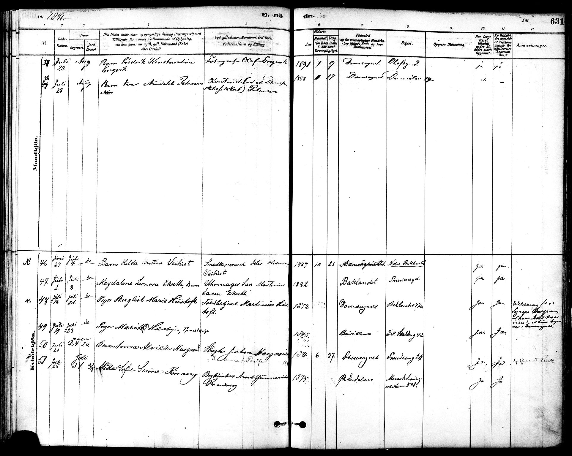 Ministerialprotokoller, klokkerbøker og fødselsregistre - Sør-Trøndelag, AV/SAT-A-1456/601/L0058: Parish register (official) no. 601A26, 1877-1891, p. 631