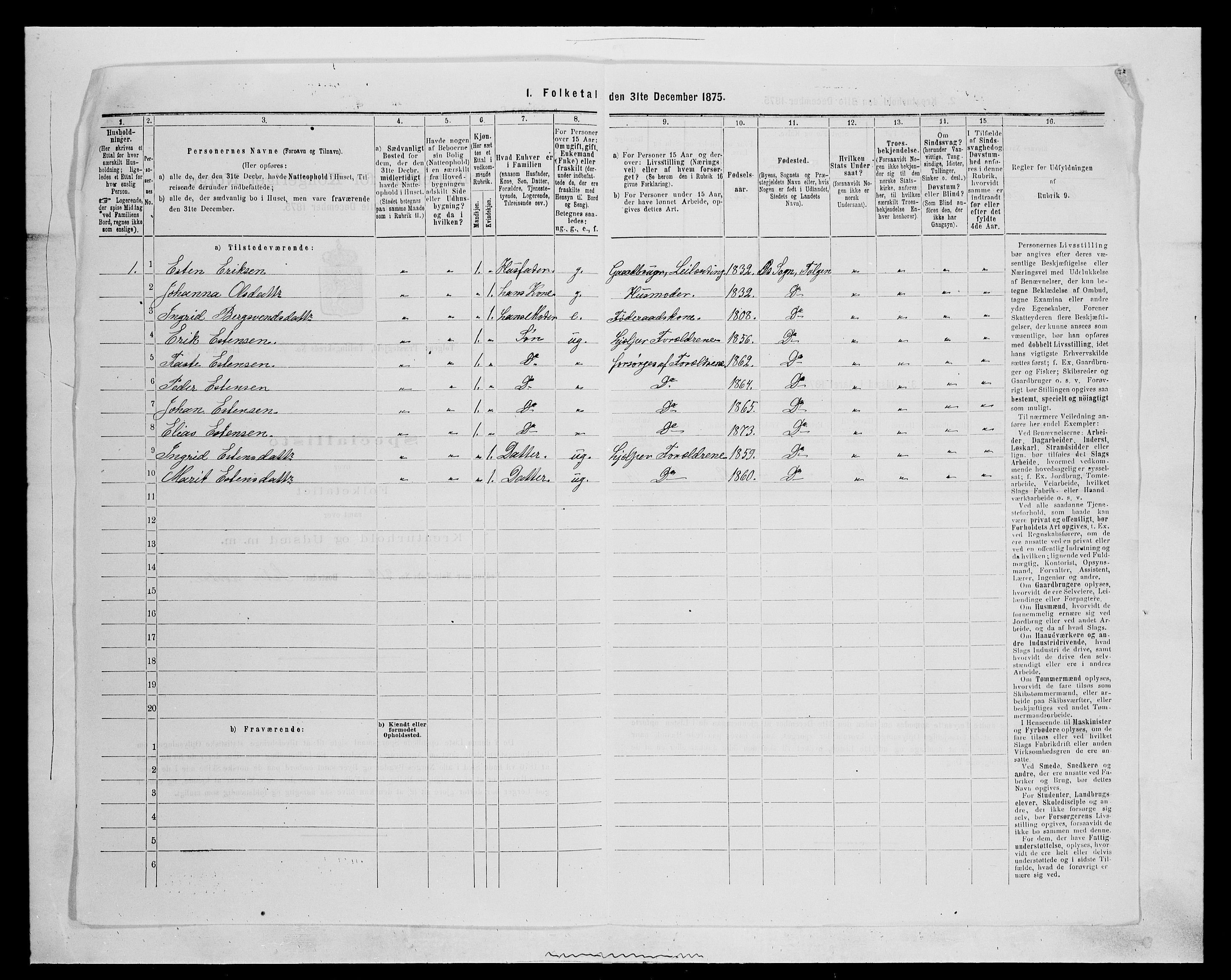 SAH, 1875 census for 0436P Tolga, 1875, p. 698