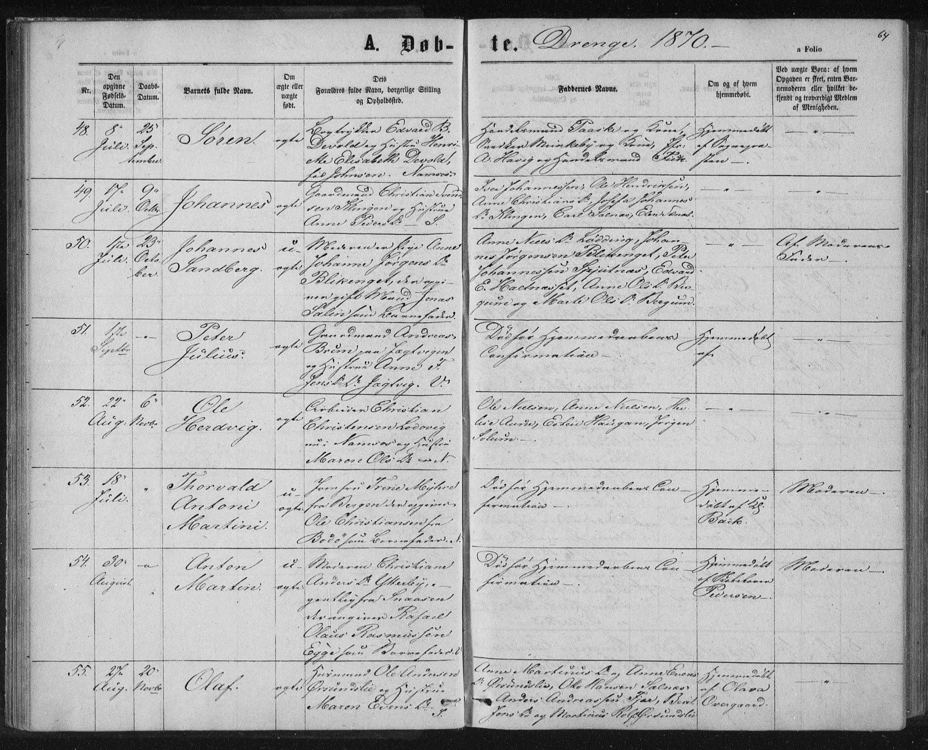 Ministerialprotokoller, klokkerbøker og fødselsregistre - Nord-Trøndelag, SAT/A-1458/768/L0570: Parish register (official) no. 768A05, 1865-1874, p. 64