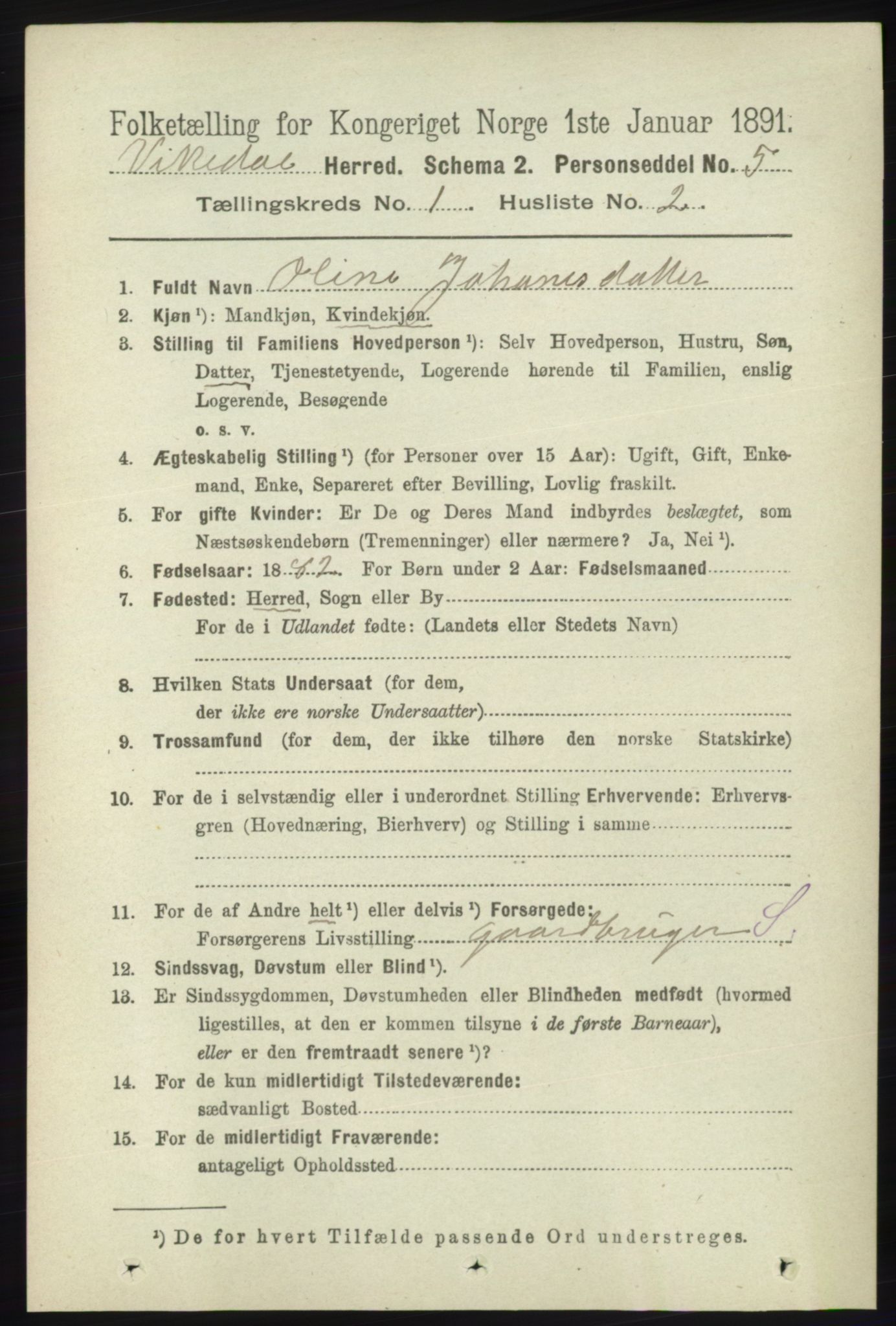 RA, 1891 census for 1157 Vikedal, 1891, p. 69