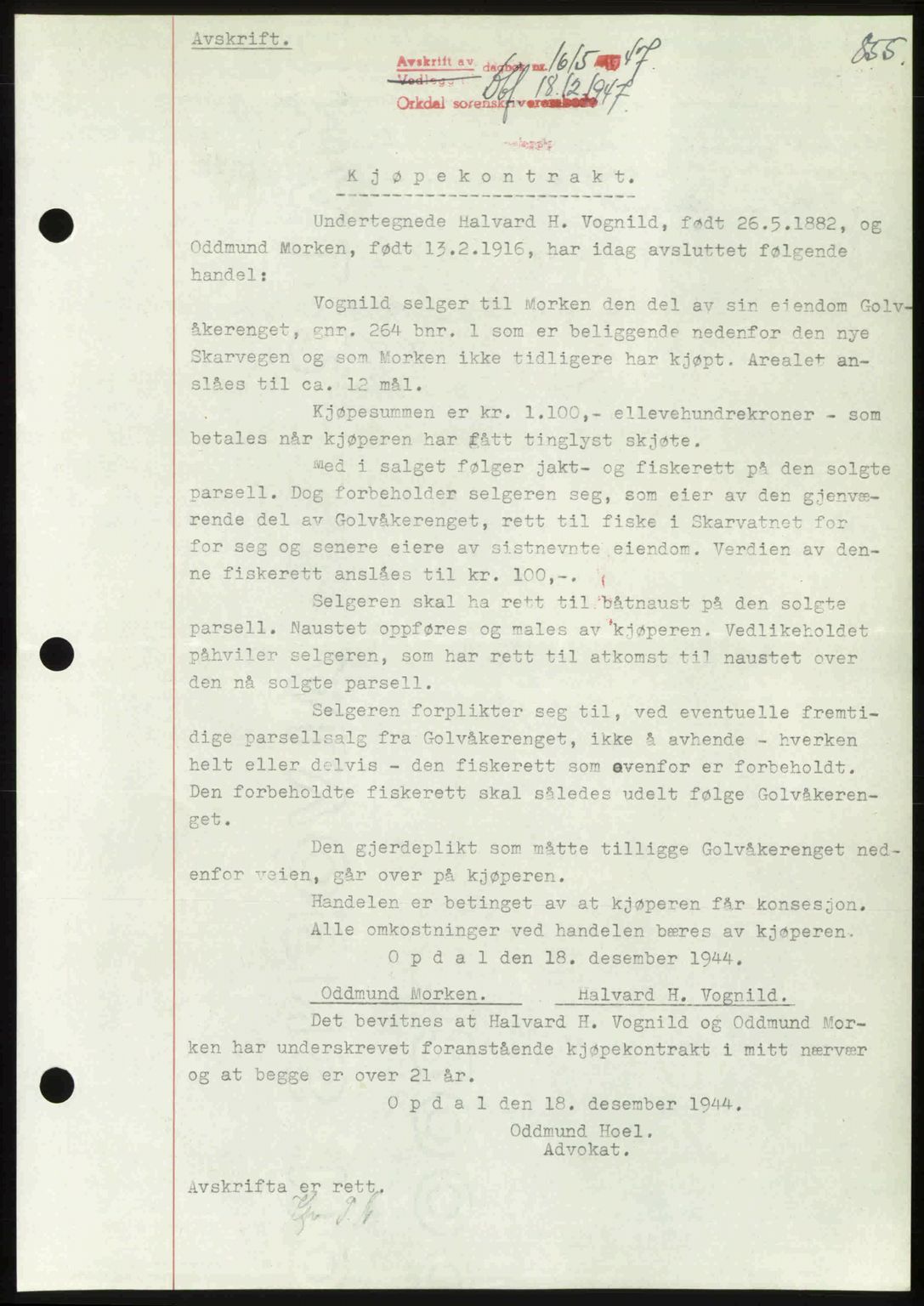 Orkdal sorenskriveri, AV/SAT-A-4169/1/2/2C: Mortgage book no. A, 1947-1947, Diary no: : 1615/1947