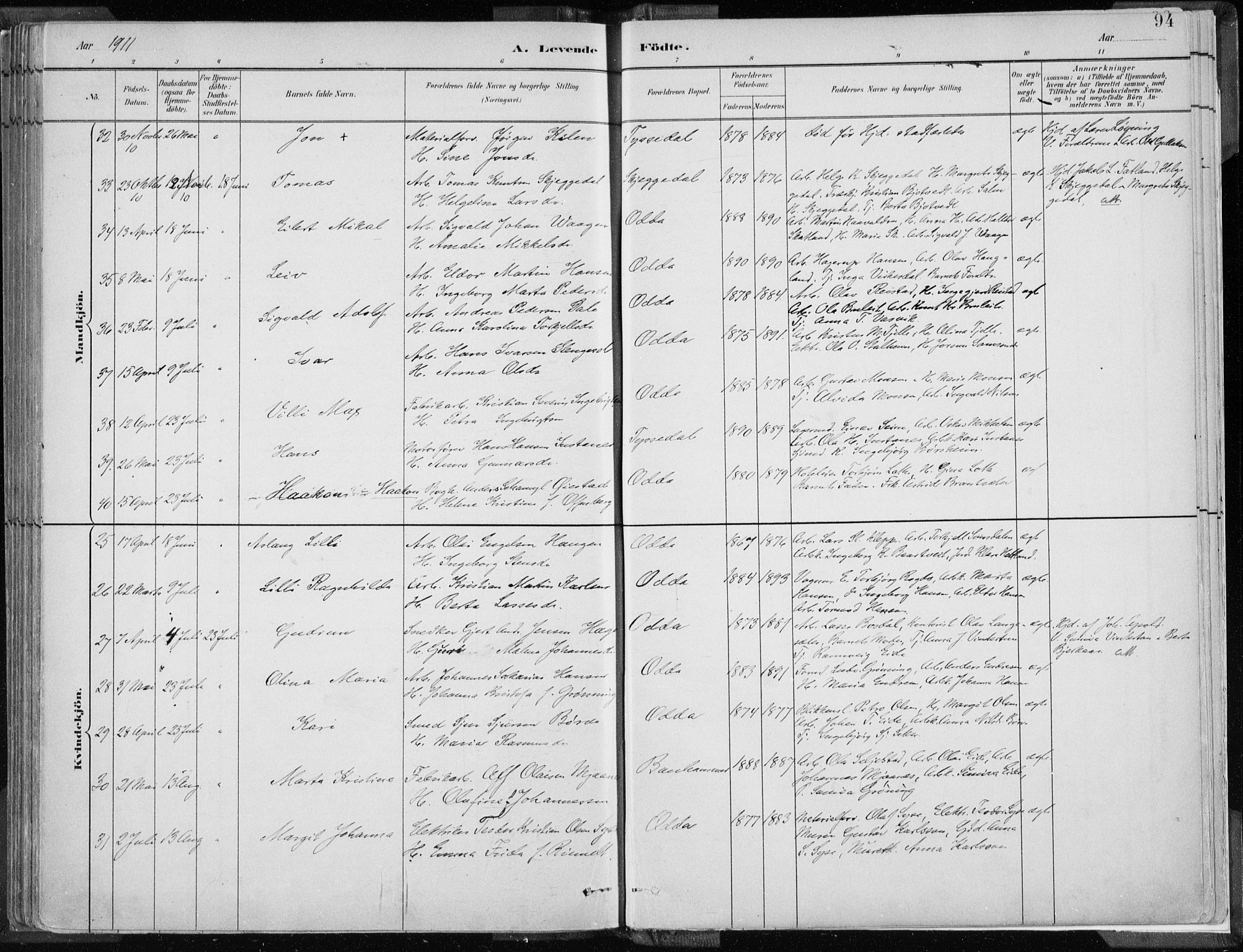 Odda Sokneprestembete, AV/SAB-A-77201/H/Haa: Parish register (official) no. A  3, 1882-1913, p. 94