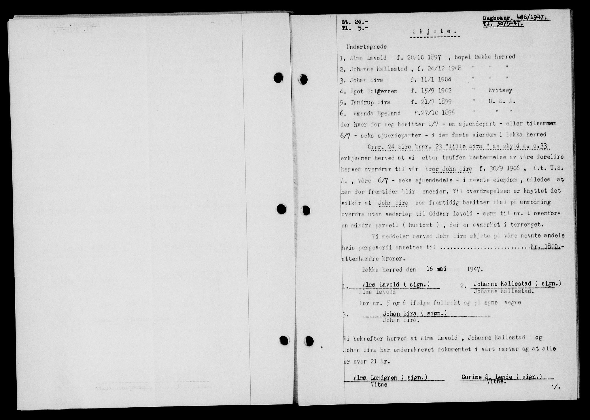 Flekkefjord sorenskriveri, SAK/1221-0001/G/Gb/Gba/L0062: Mortgage book no. A-10, 1947-1947, Diary no: : 486/1947