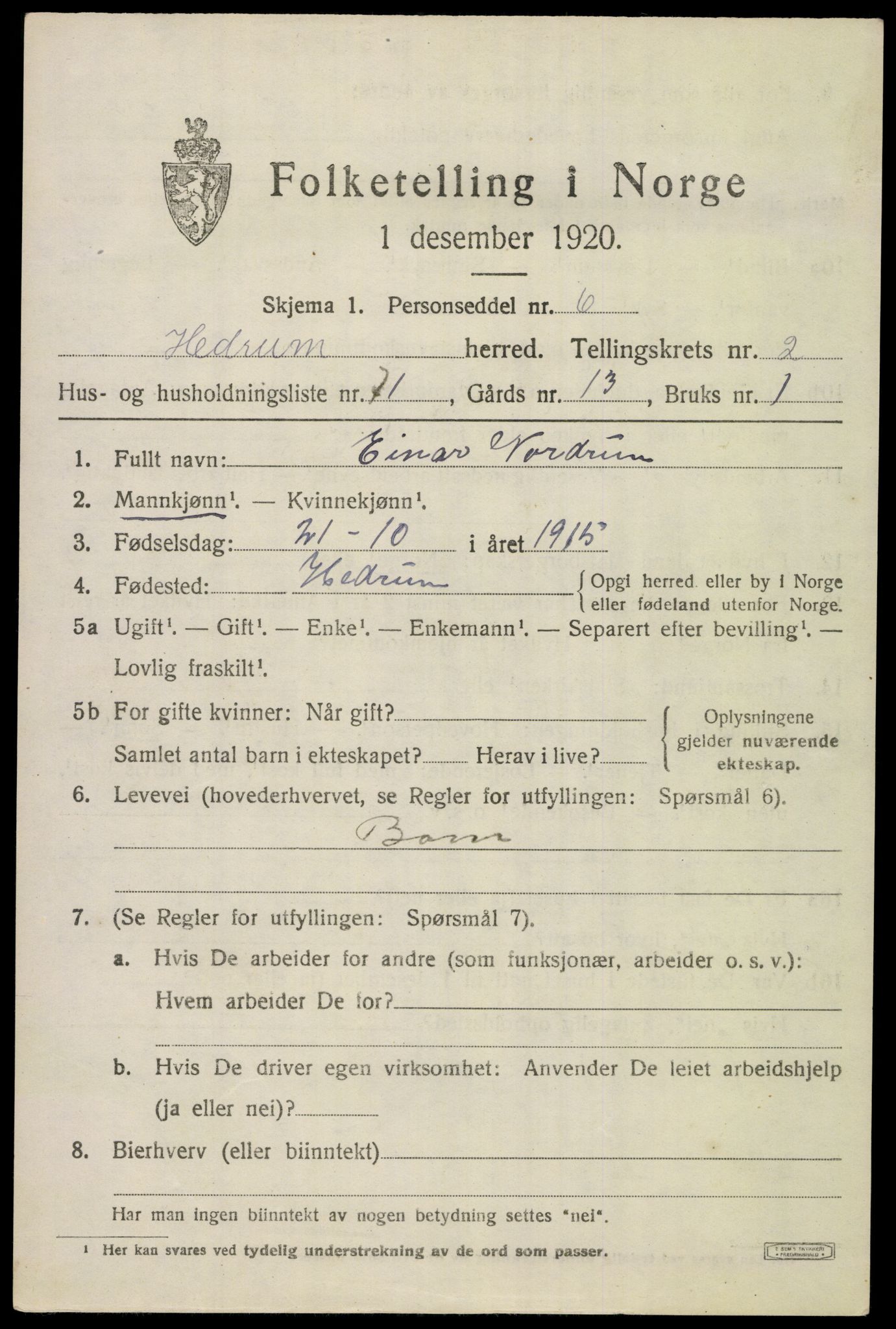 SAKO, 1920 census for Hedrum, 1920, p. 3427