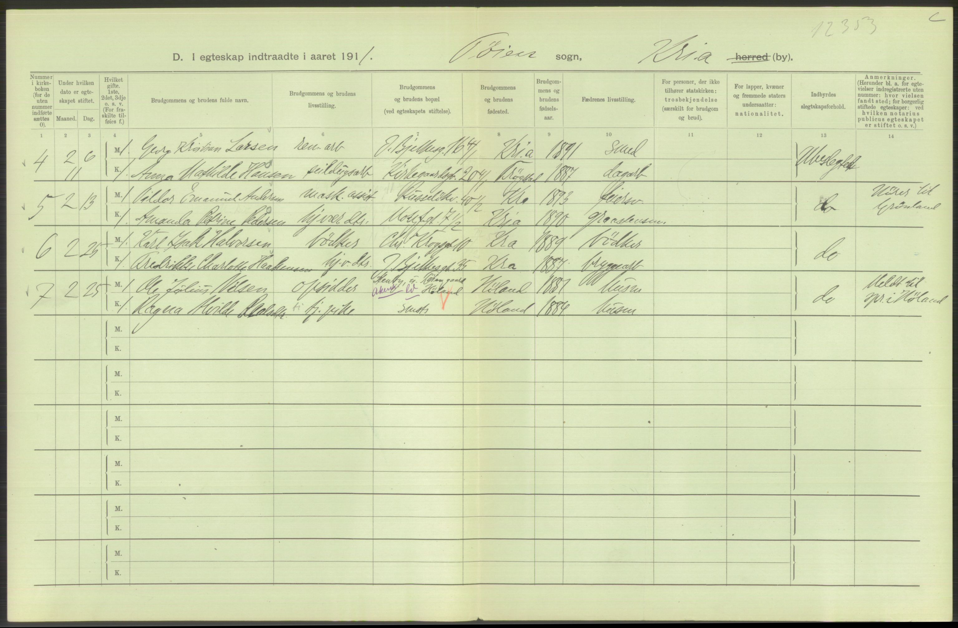 Statistisk sentralbyrå, Sosiodemografiske emner, Befolkning, AV/RA-S-2228/D/Df/Dfb/Dfba/L0008: Kristiania: Gifte, 1911, p. 146