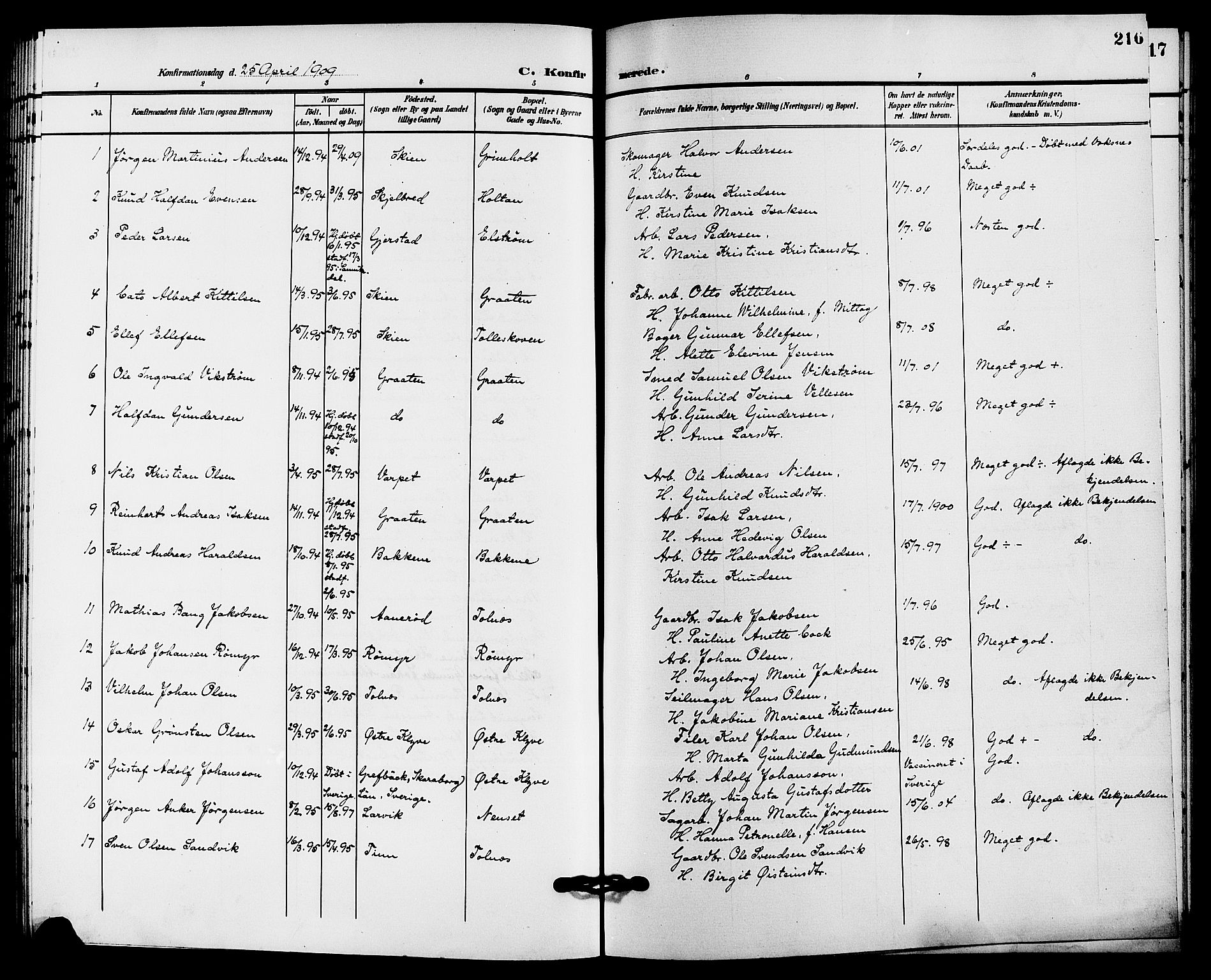 Solum kirkebøker, SAKO/A-306/G/Ga/L0008: Parish register (copy) no. I 8, 1898-1909, p. 216