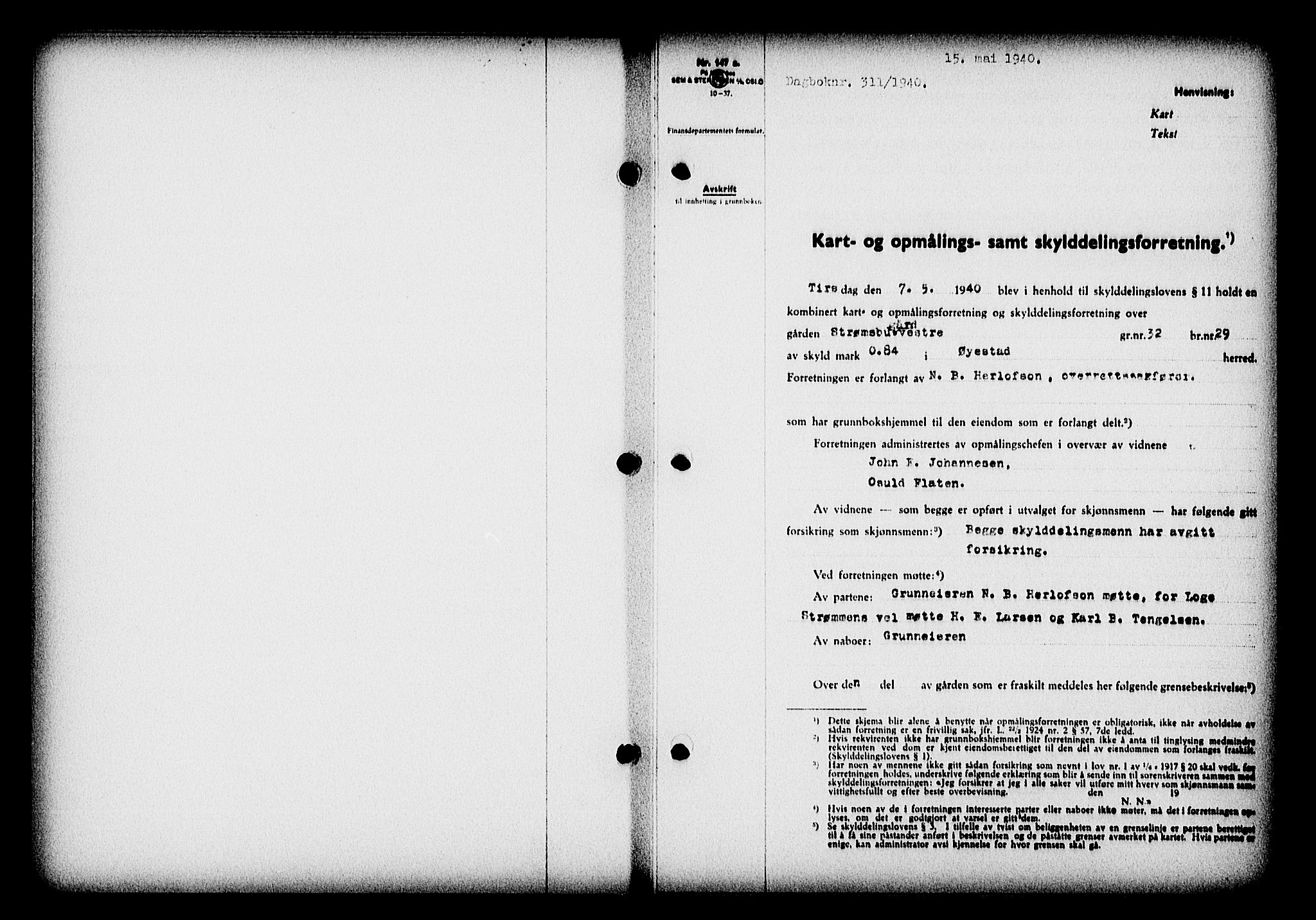 Nedenes sorenskriveri, AV/SAK-1221-0006/G/Gb/Gba/L0047: Mortgage book no. A-I, 1939-1940, Diary no: : 311/1940