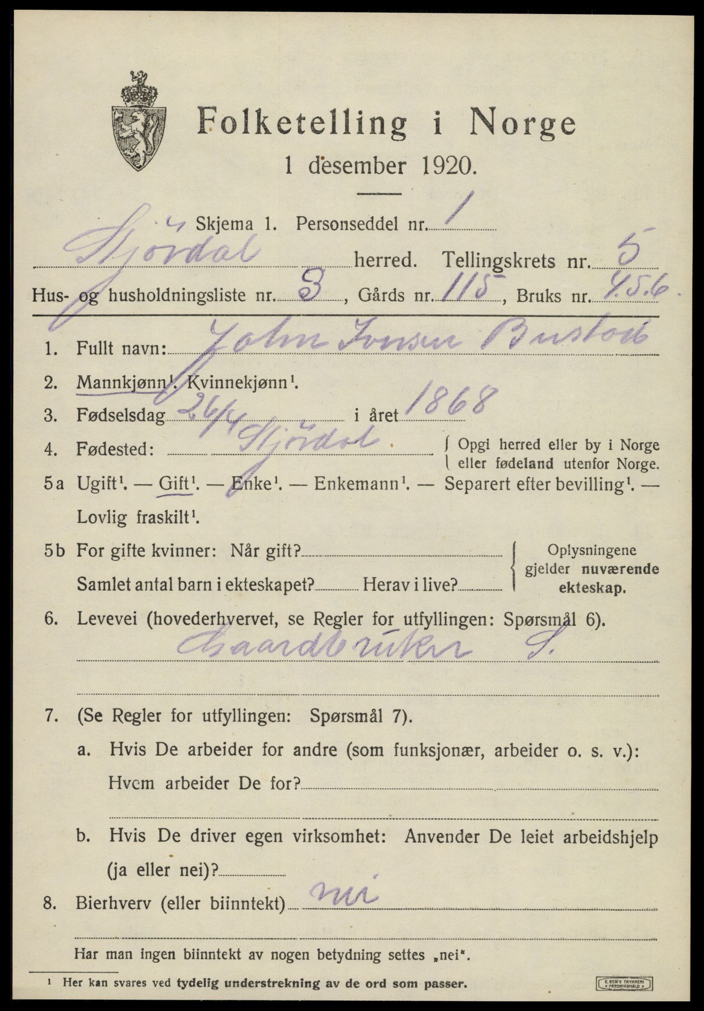 SAT, 1920 census for Stjørdal, 1920, p. 6014