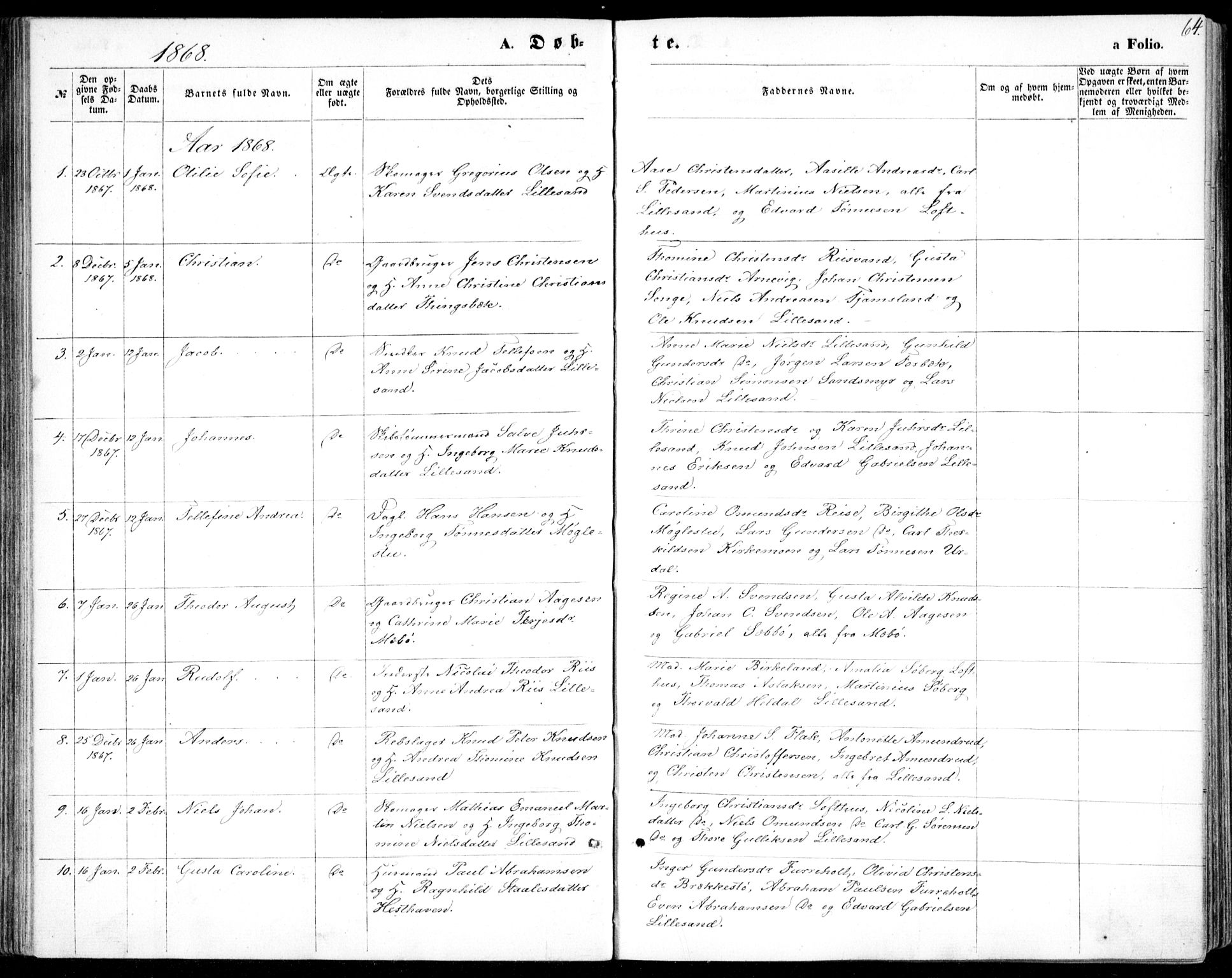 Vestre Moland sokneprestkontor, AV/SAK-1111-0046/F/Fb/Fbb/L0004: Parish register (copy) no. B 4, 1861-1872, p. 64