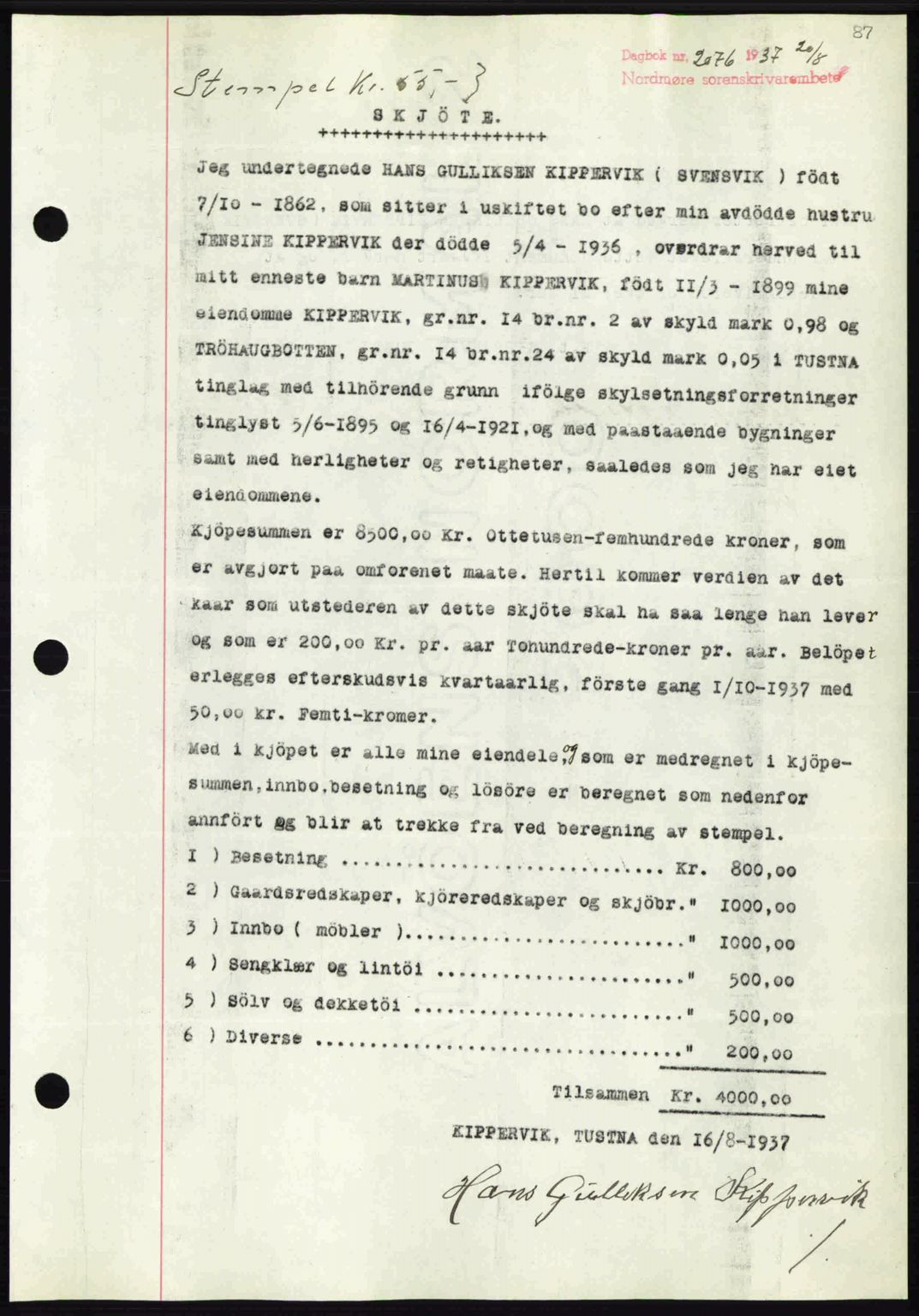 Nordmøre sorenskriveri, SAT/A-4132/1/2/2Ca: Mortgage book no. A82, 1937-1938, Diary no: : 2076/1937