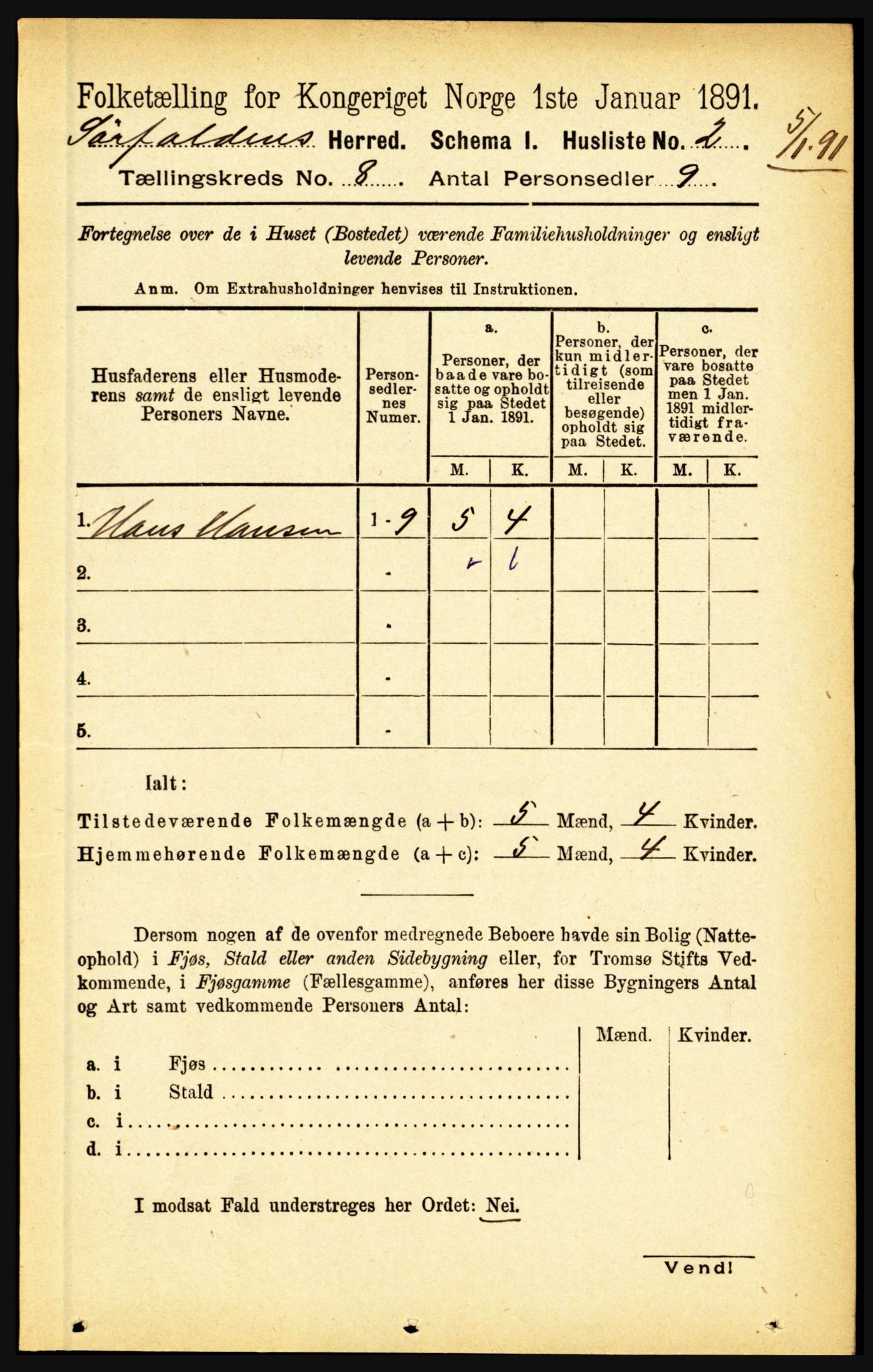 RA, 1891 census for 1845 Sørfold, 1891, p. 2524