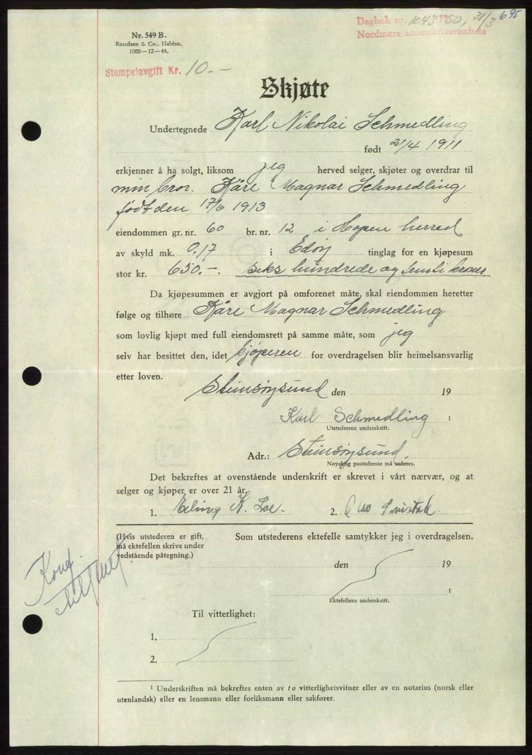 Nordmøre sorenskriveri, AV/SAT-A-4132/1/2/2Ca: Mortgage book no. A114, 1950-1950, Diary no: : 1043/1950