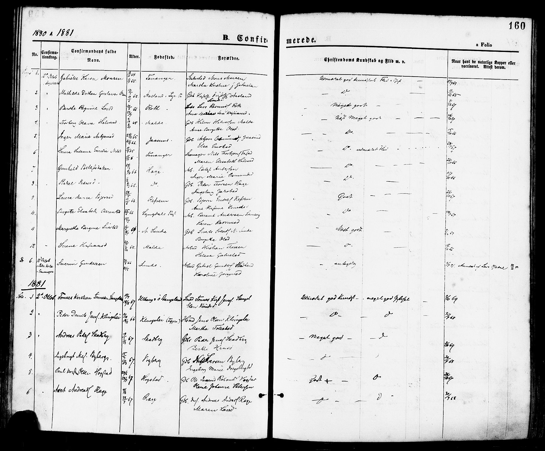 Håland sokneprestkontor, SAST/A-101802/001/30BA/L0009: Parish register (official) no. A 8, 1871-1882, p. 160