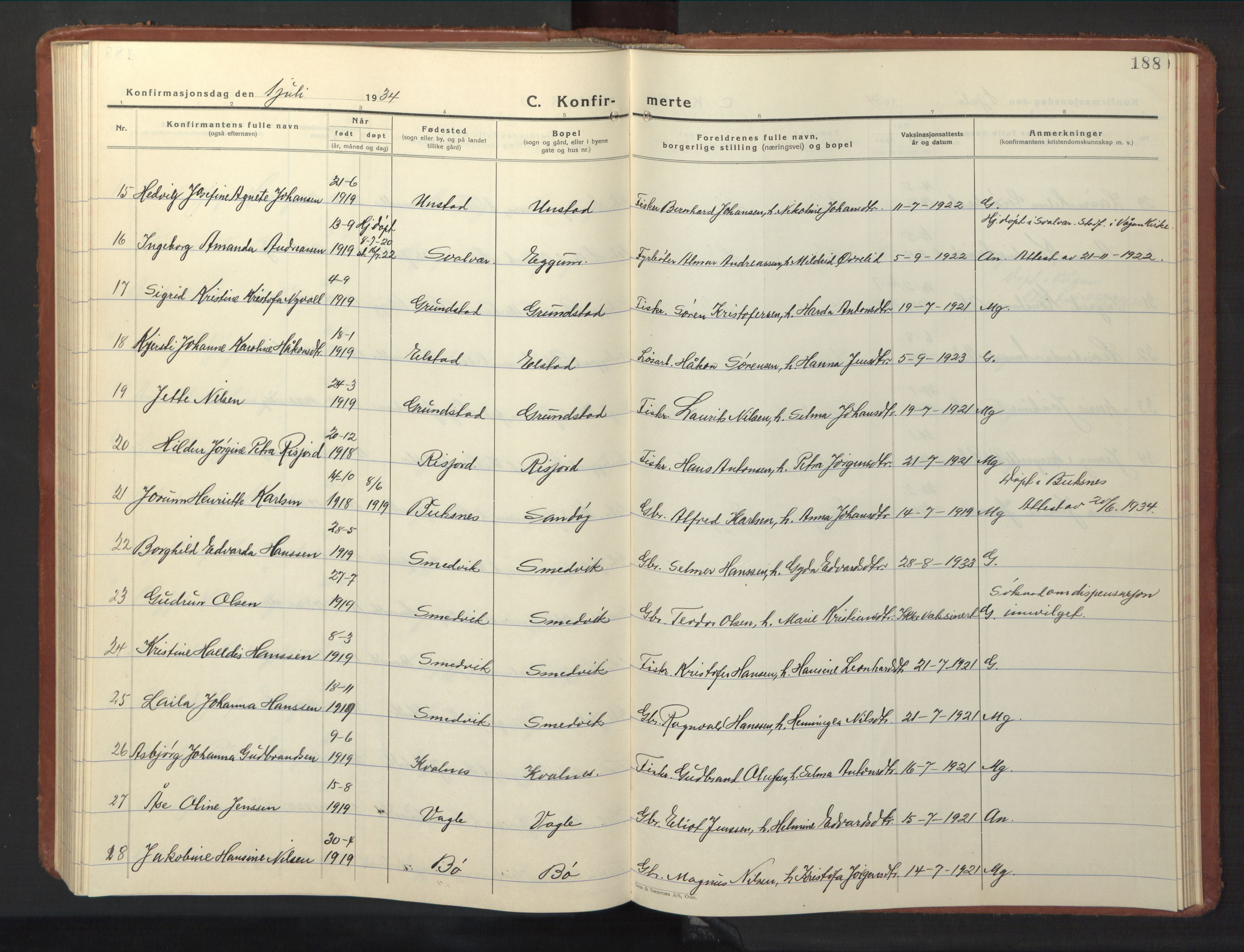 Ministerialprotokoller, klokkerbøker og fødselsregistre - Nordland, AV/SAT-A-1459/880/L1143: Parish register (copy) no. 880C05, 1929-1951, p. 188