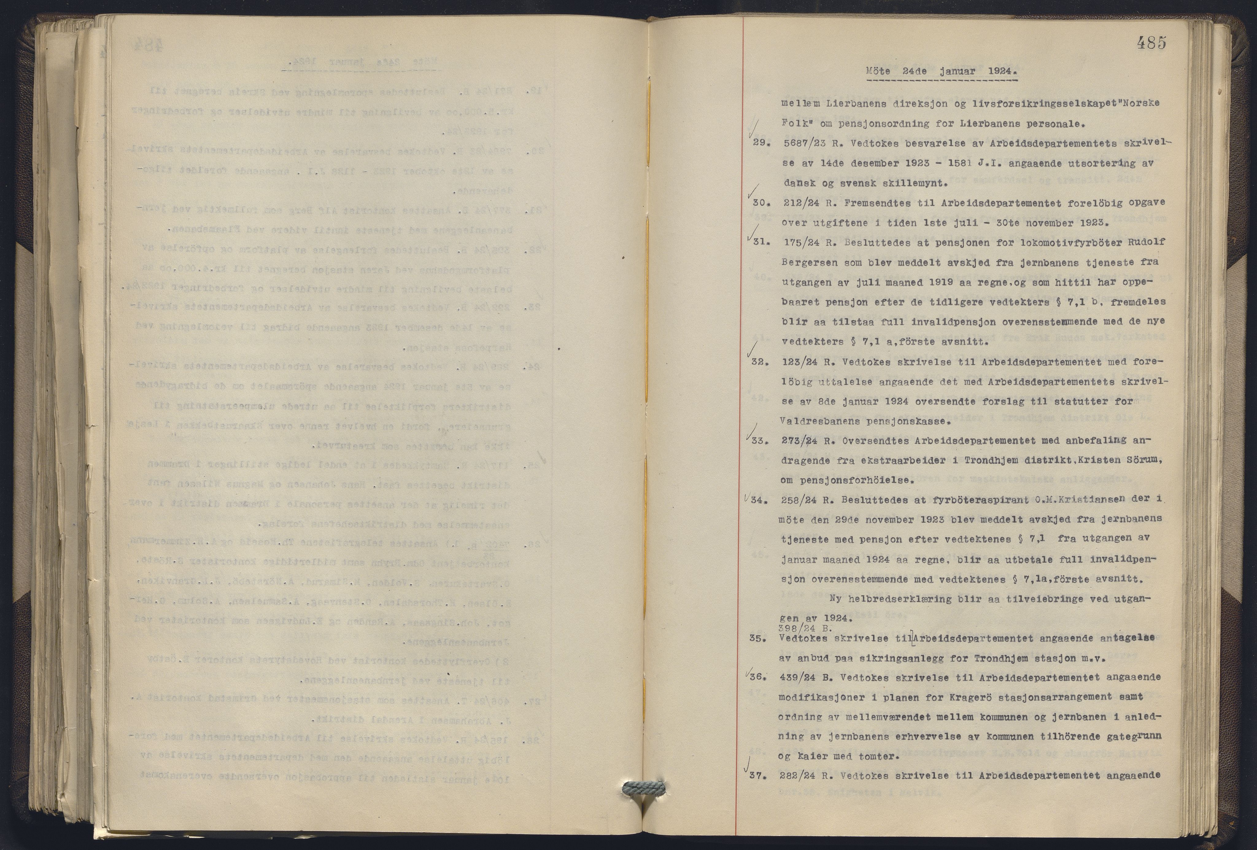 Norges statsbaner, Administrasjons- økonomi- og personalavdelingen, RA/S-3412/A/Aa/L0019: Forhandlingsprotokoll, 1922-1924, p. 485