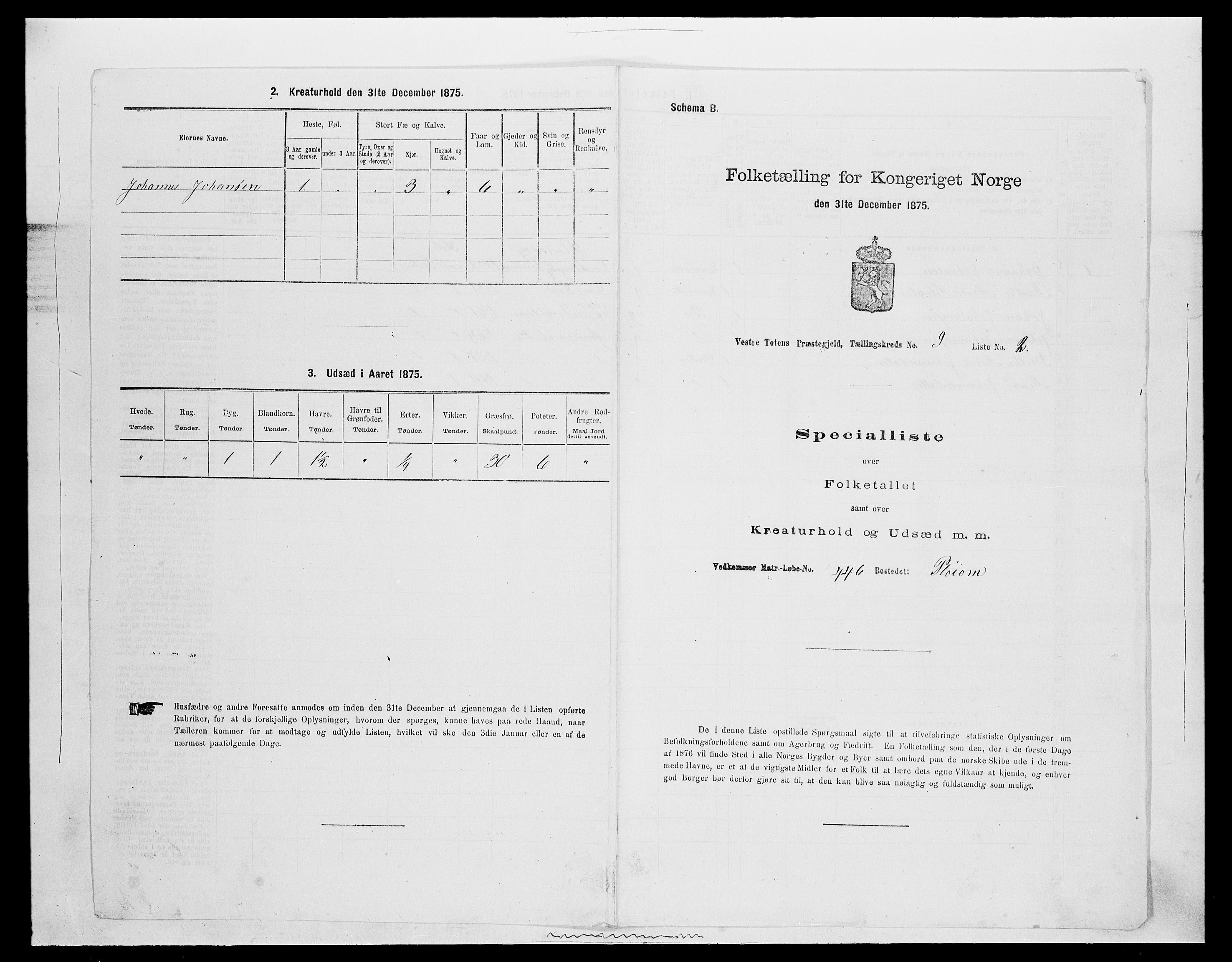 SAH, 1875 census for 0529P Vestre Toten, 1875, p. 1688