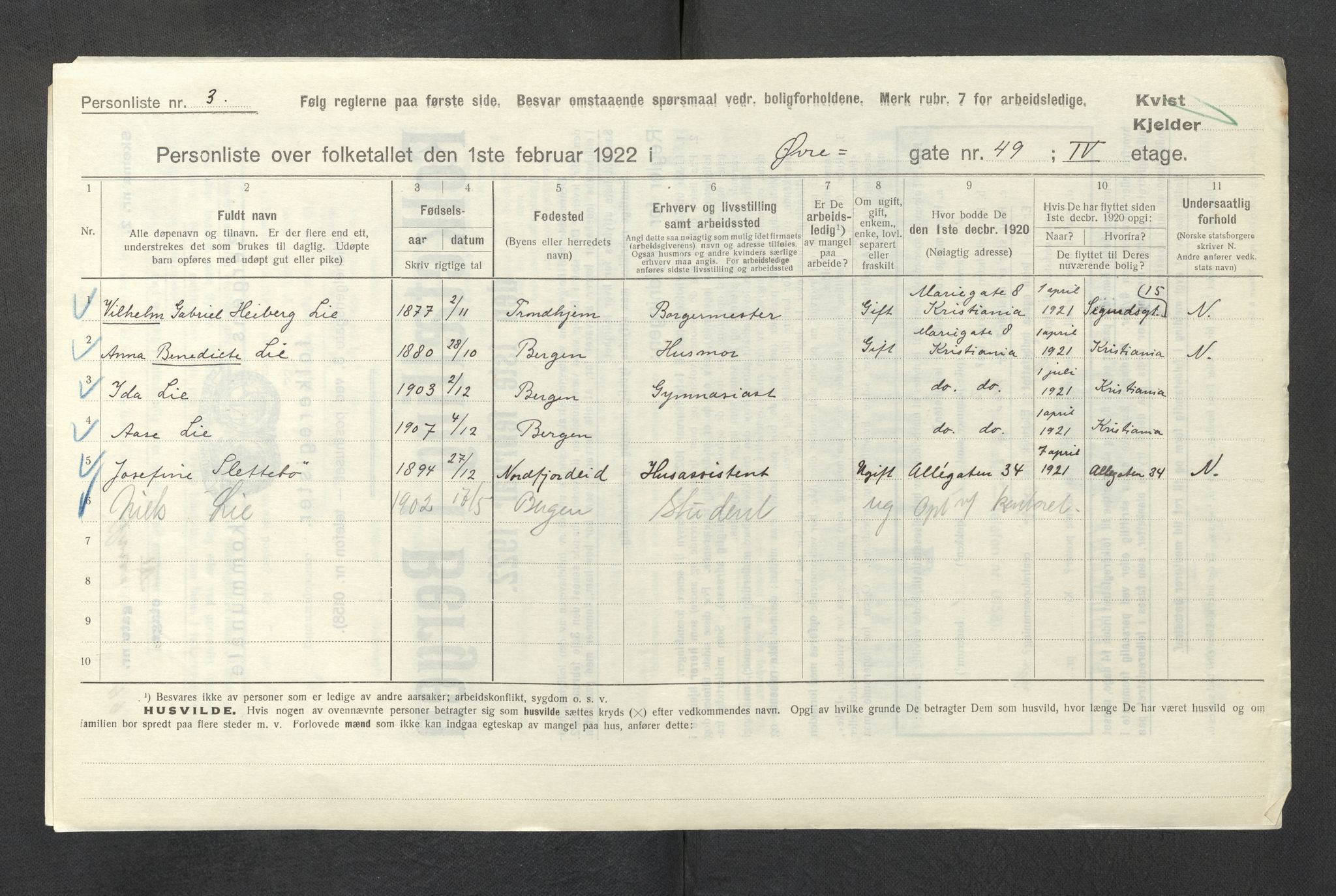 SAB, Municipal Census 1922 for Bergen, 1922, p. 49374