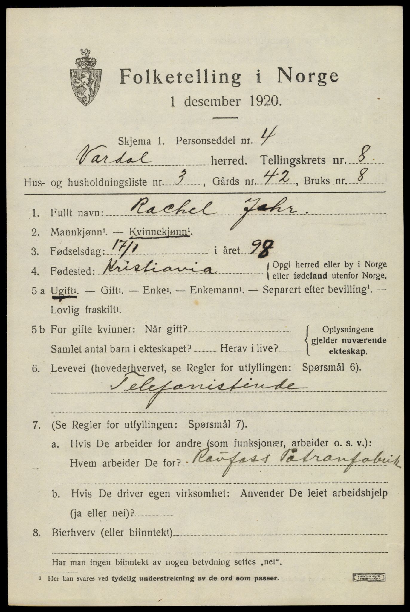 SAH, 1920 census for Vardal, 1920, p. 5743