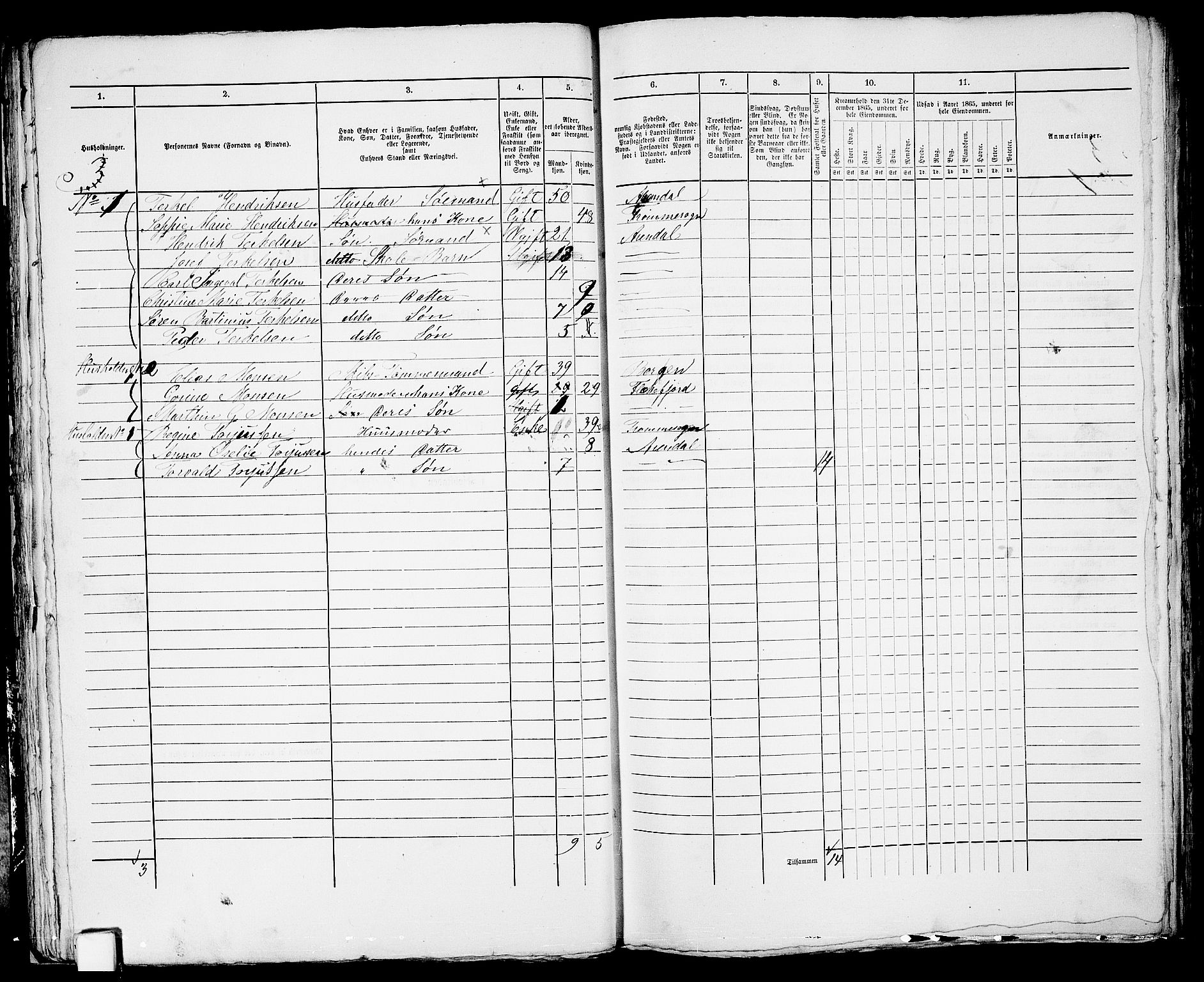 RA, 1865 census for Arendal, 1865, p. 48