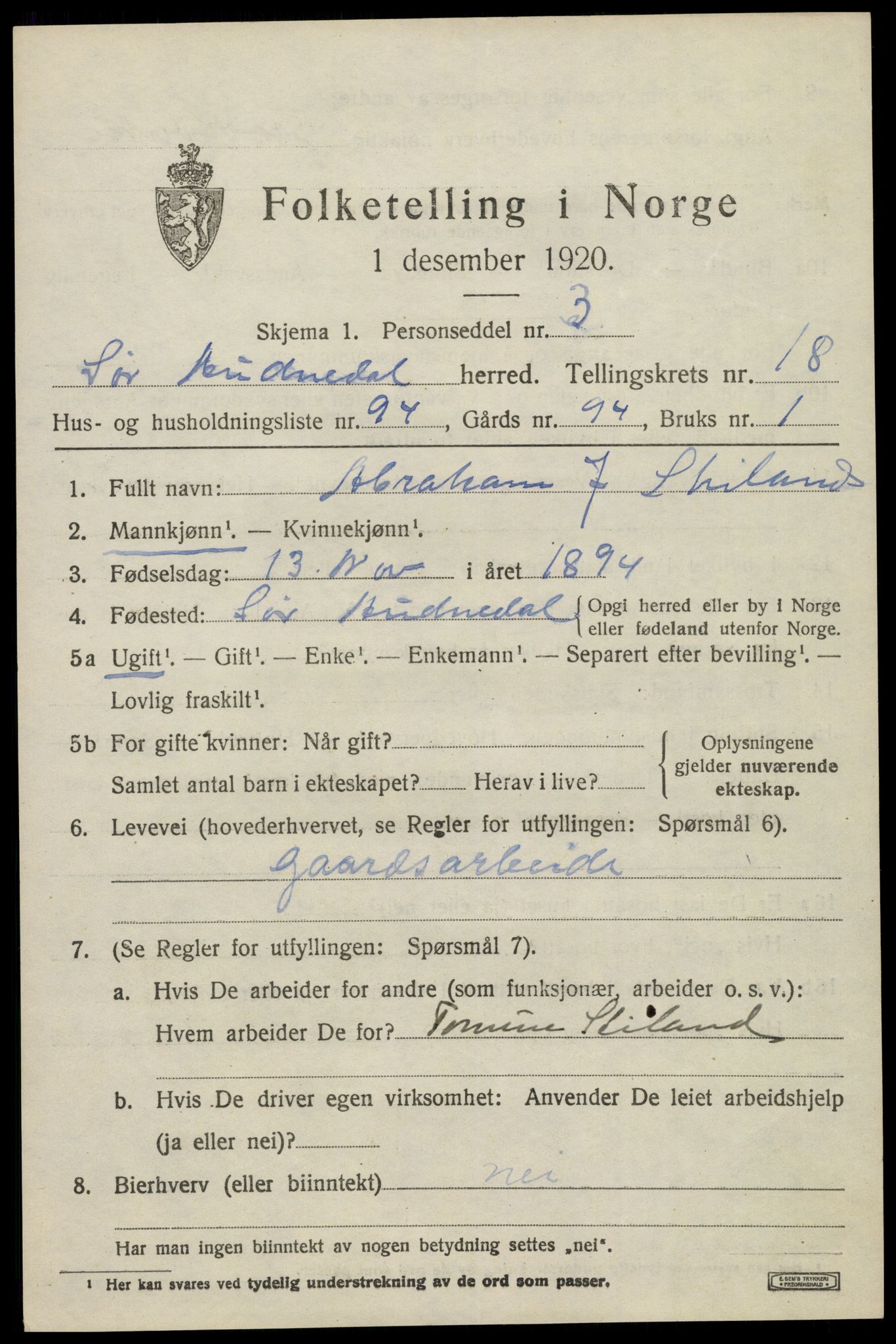 SAK, 1920 census for Sør-Audnedal, 1920, p. 6523