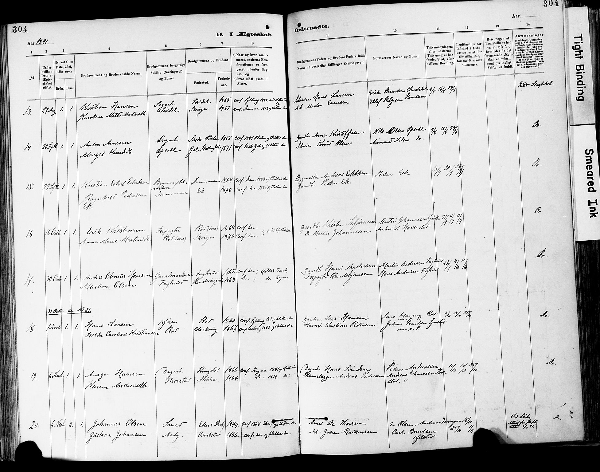 Lier kirkebøker, AV/SAKO-A-230/F/Fa/L0015: Parish register (official) no. I 15, 1883-1894, p. 304