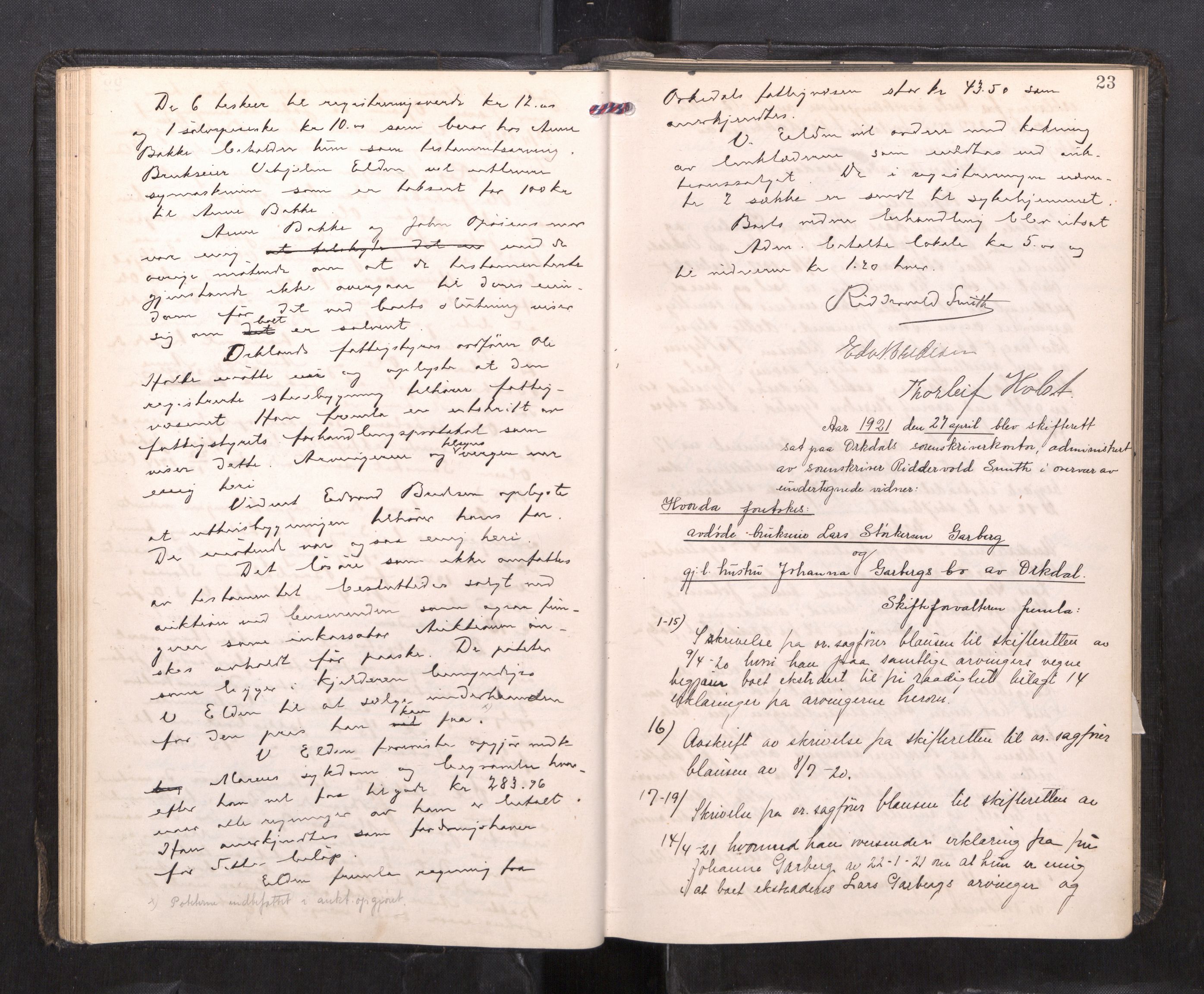 Orkdal sorenskriveri, AV/SAT-A-4169/1/3/3B/L0015: Skiftebehandlingsprotokoll, 1919-1927, p. 22b-23a