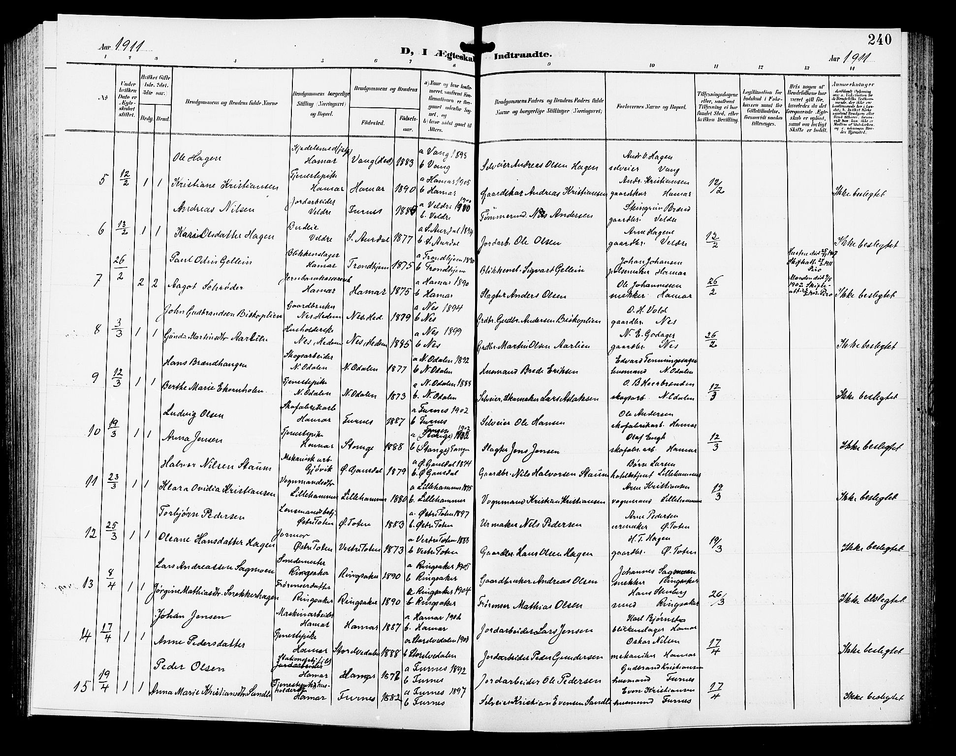 Hamar prestekontor, AV/SAH-DOMPH-002/H/Ha/Hab/L0001: Parish register (copy) no. 1, 1899-1914, p. 240