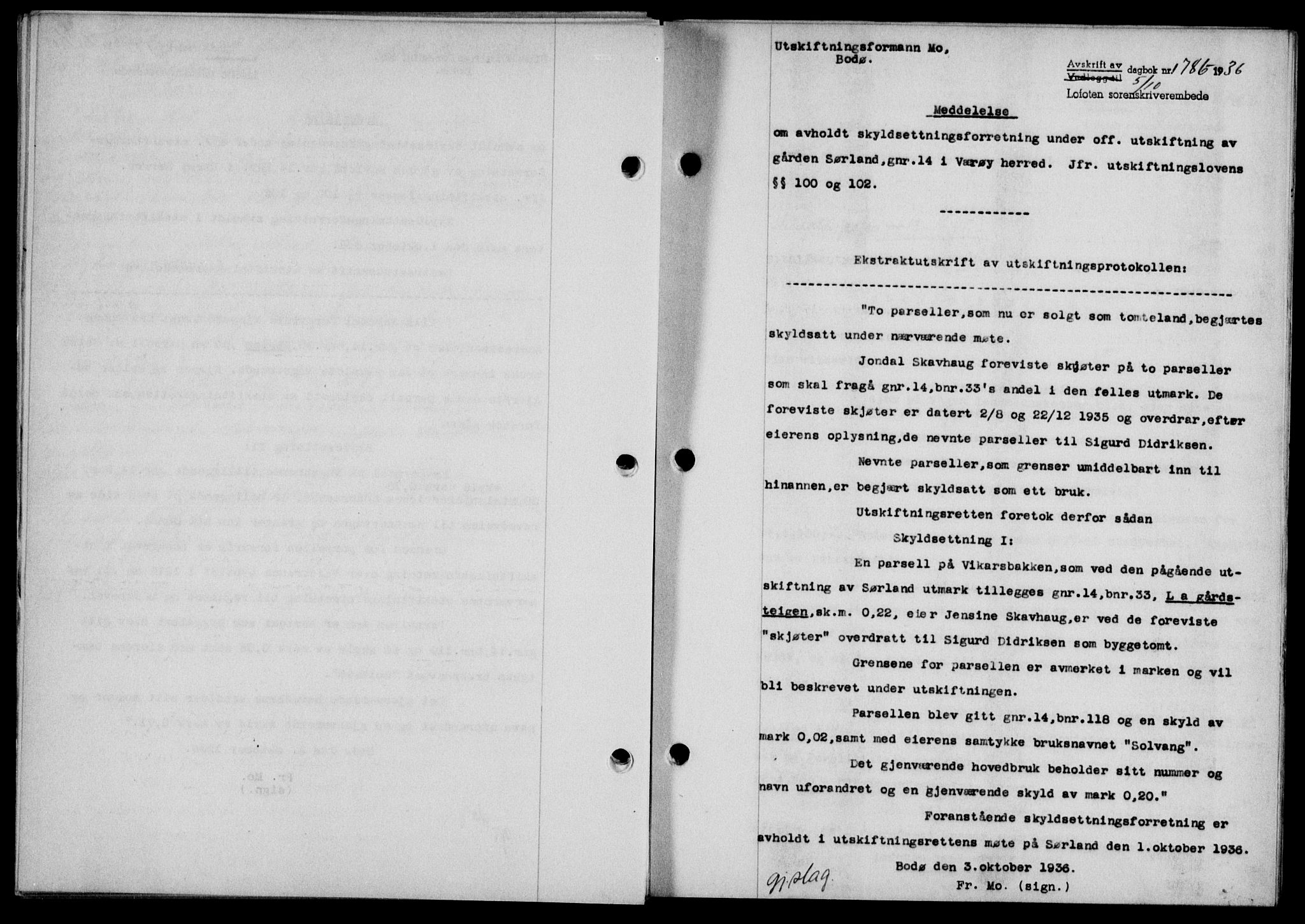 Lofoten sorenskriveri, SAT/A-0017/1/2/2C/L0001a: Mortgage book no. 1a, 1936-1937, Diary no: : 1786/1936