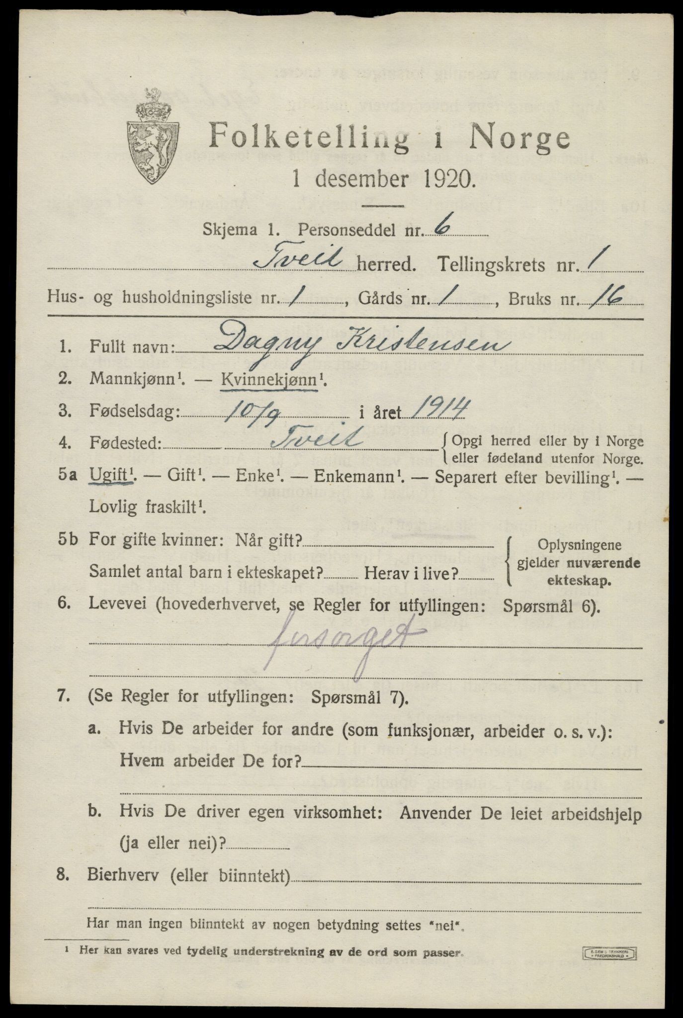 SAK, 1920 census for Tveit, 1920, p. 758