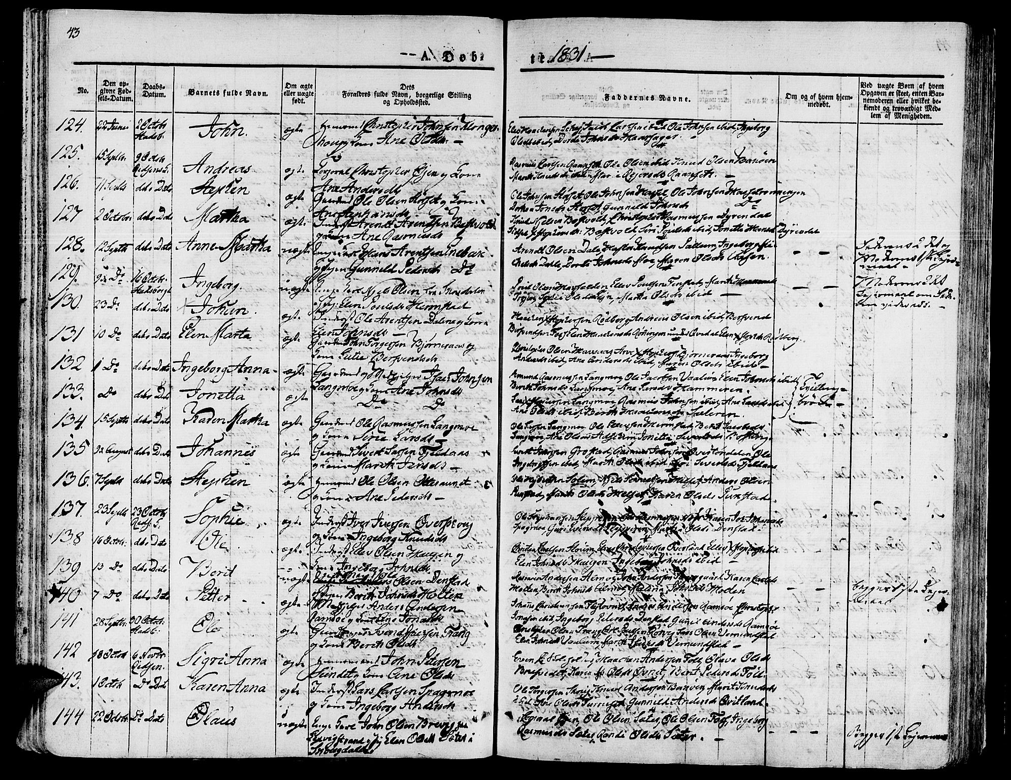 Ministerialprotokoller, klokkerbøker og fødselsregistre - Sør-Trøndelag, AV/SAT-A-1456/646/L0609: Parish register (official) no. 646A07, 1826-1838, p. 43