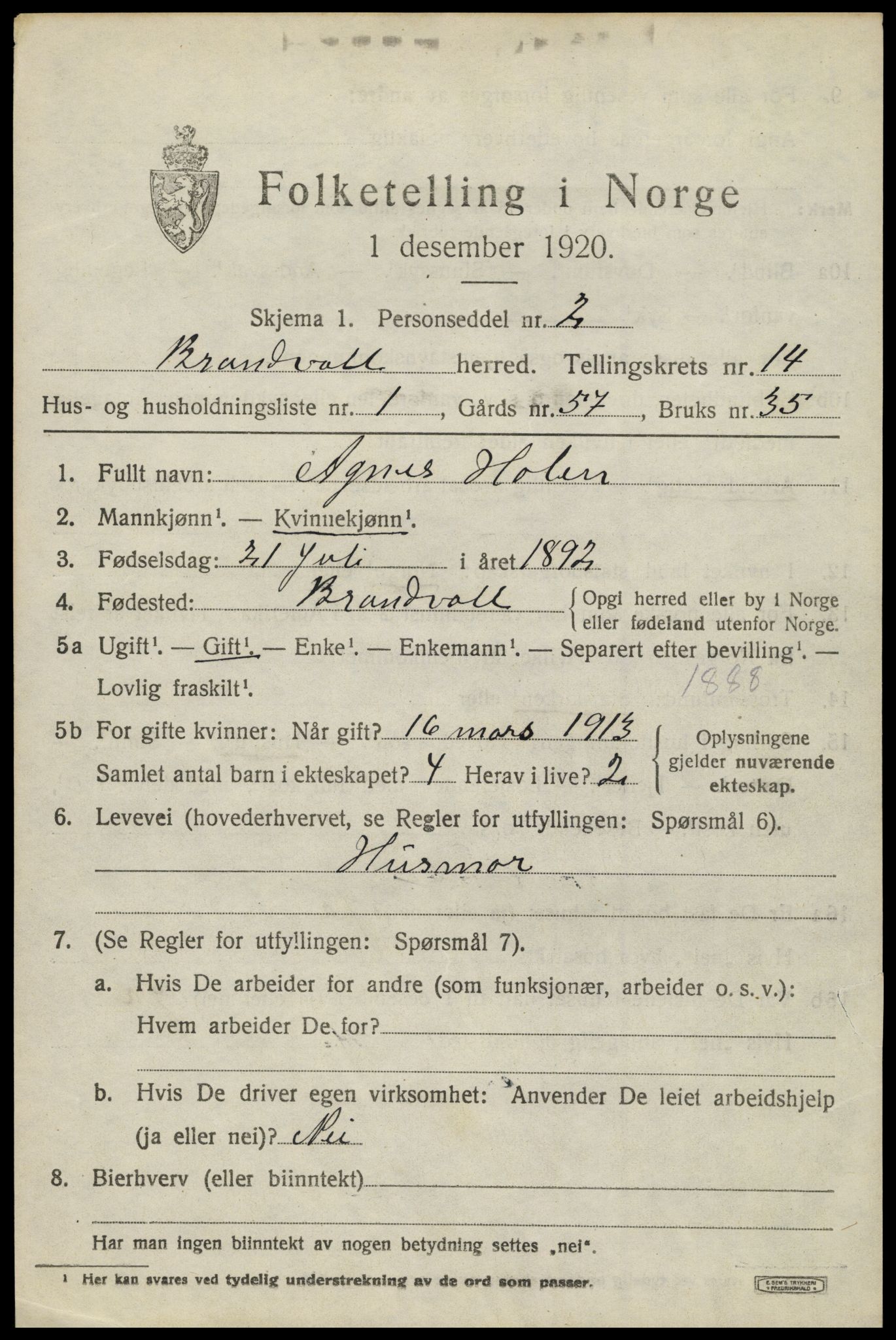 SAH, 1920 census for Brandval, 1920, p. 9486