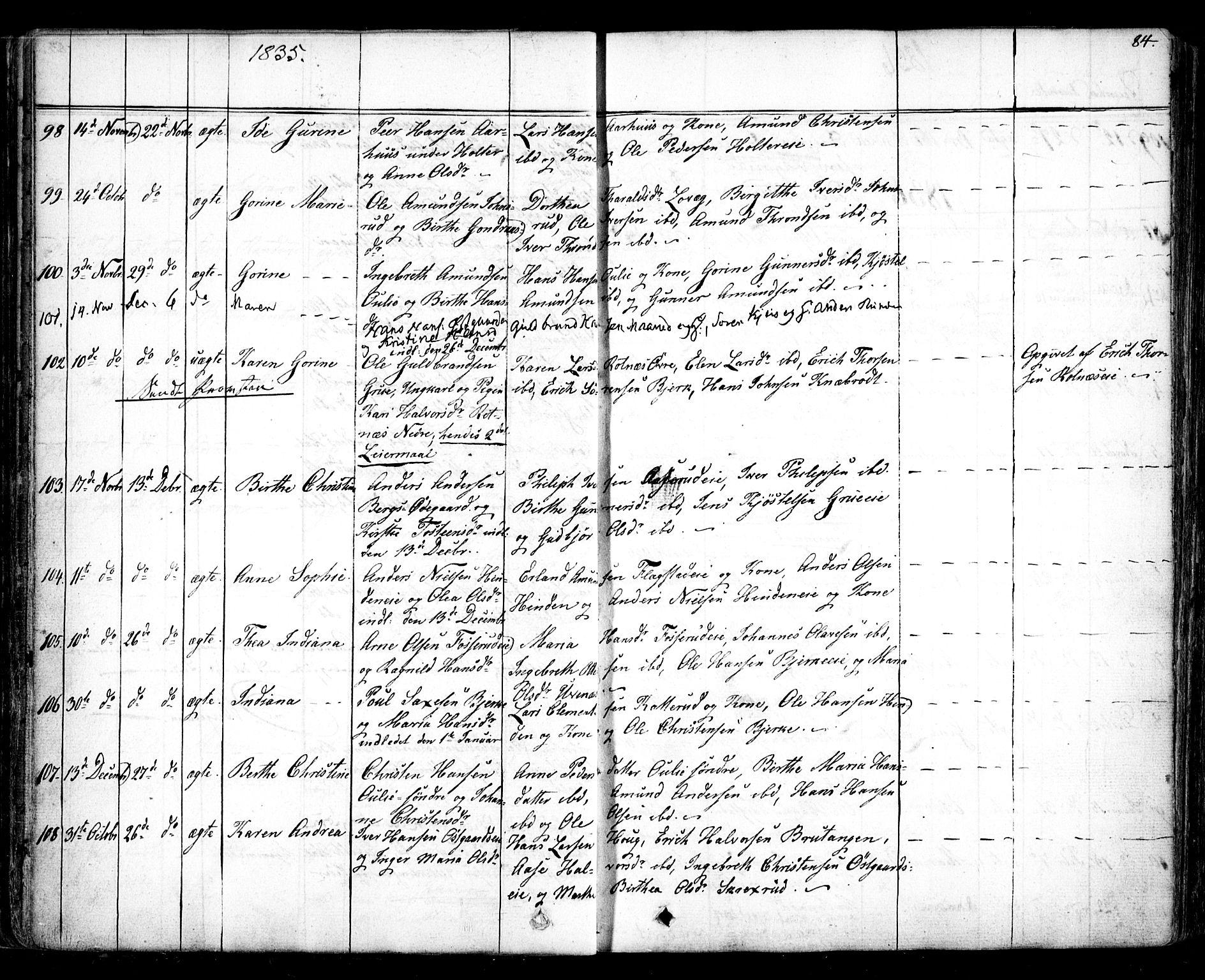 Nes prestekontor Kirkebøker, AV/SAO-A-10410/F/Fa/L0006: Parish register (official) no. I 6, 1833-1845, p. 84