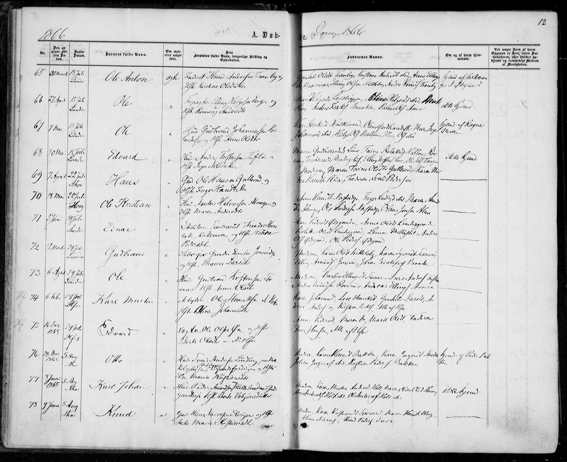 Norderhov kirkebøker, AV/SAKO-A-237/F/Fa/L0013: Parish register (official) no. 13, 1866-1874, p. 12