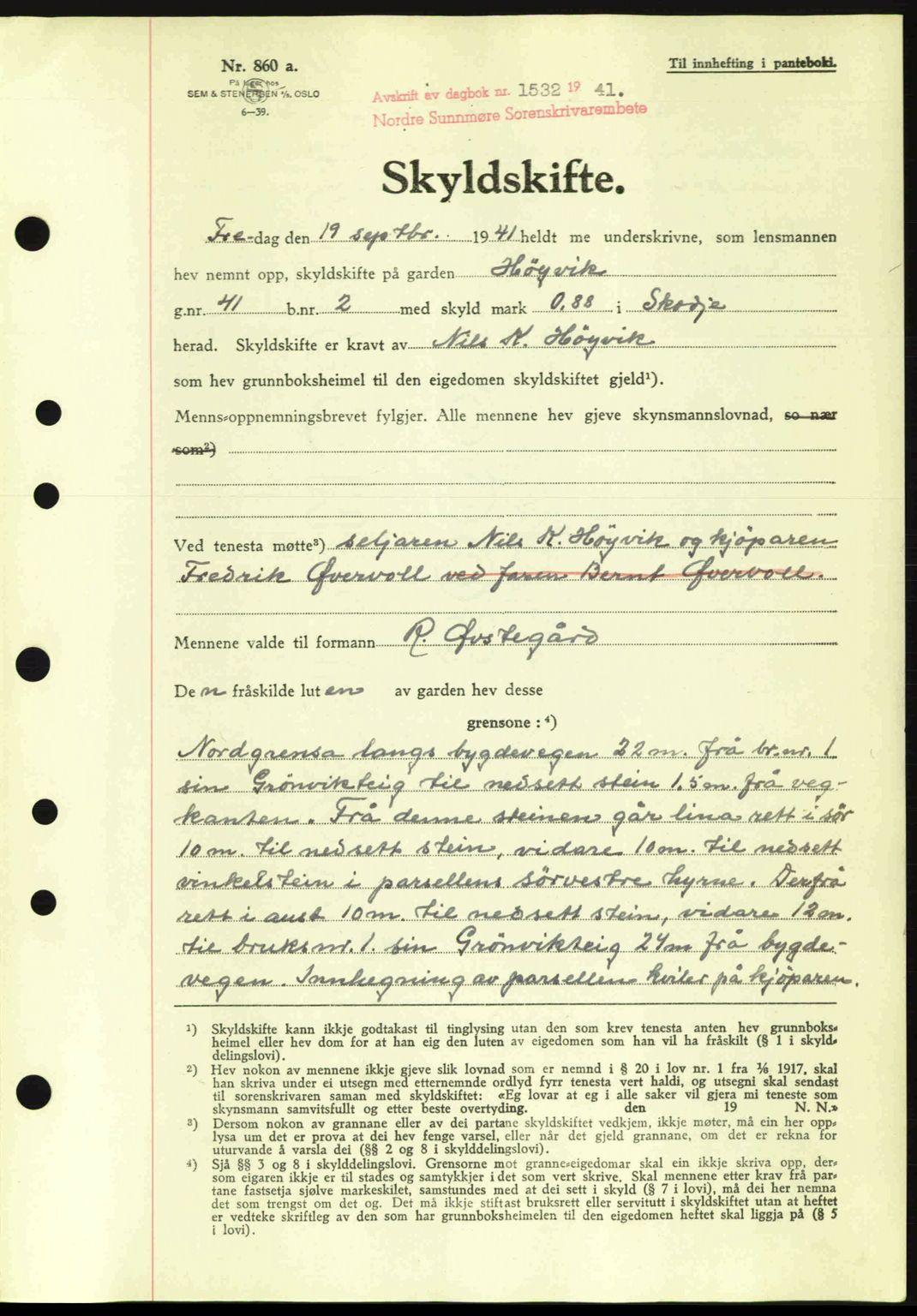 Nordre Sunnmøre sorenskriveri, AV/SAT-A-0006/1/2/2C/2Ca: Mortgage book no. A11, 1941-1941, Diary no: : 1532/1941