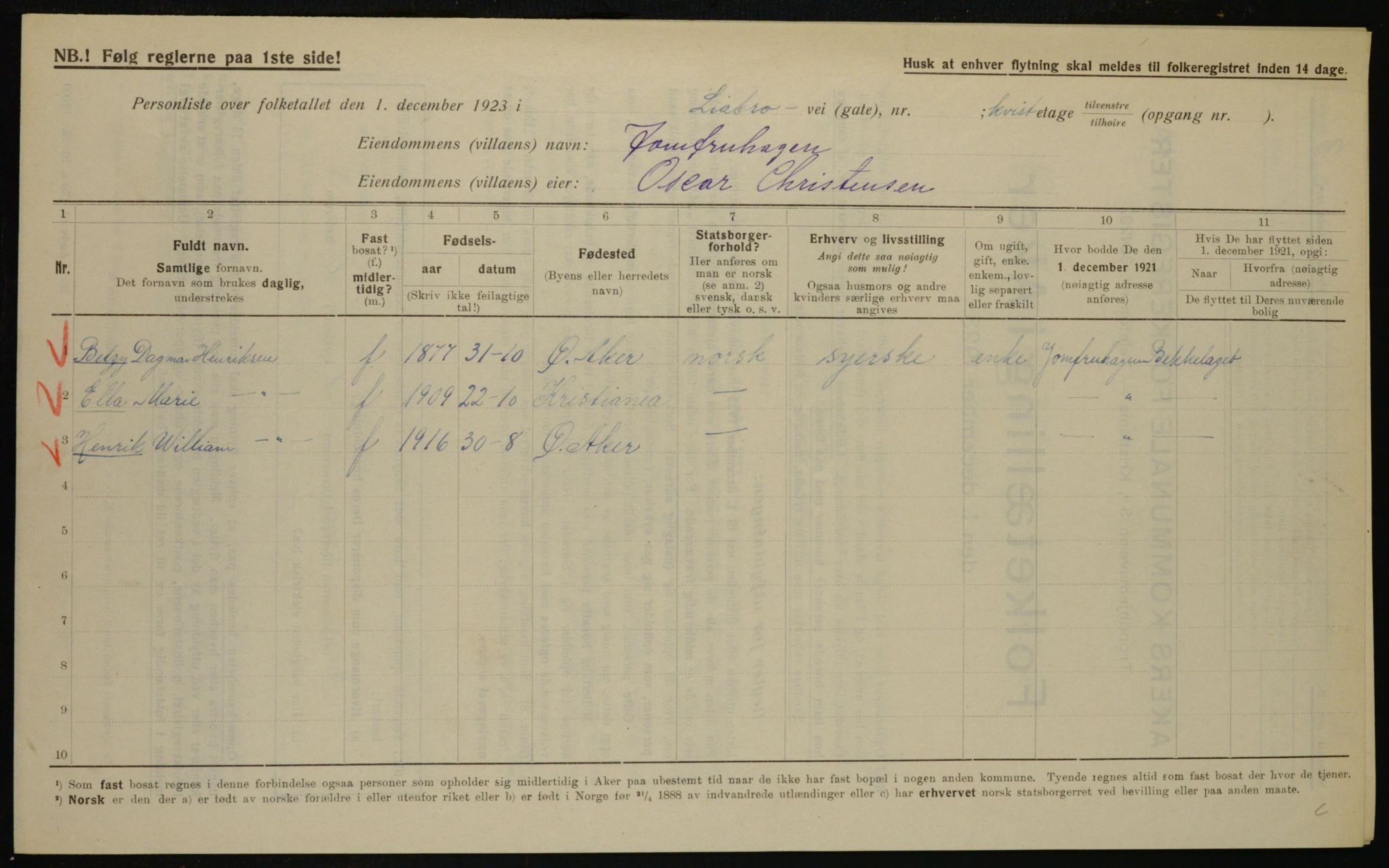 , Municipal Census 1923 for Aker, 1923, p. 41265