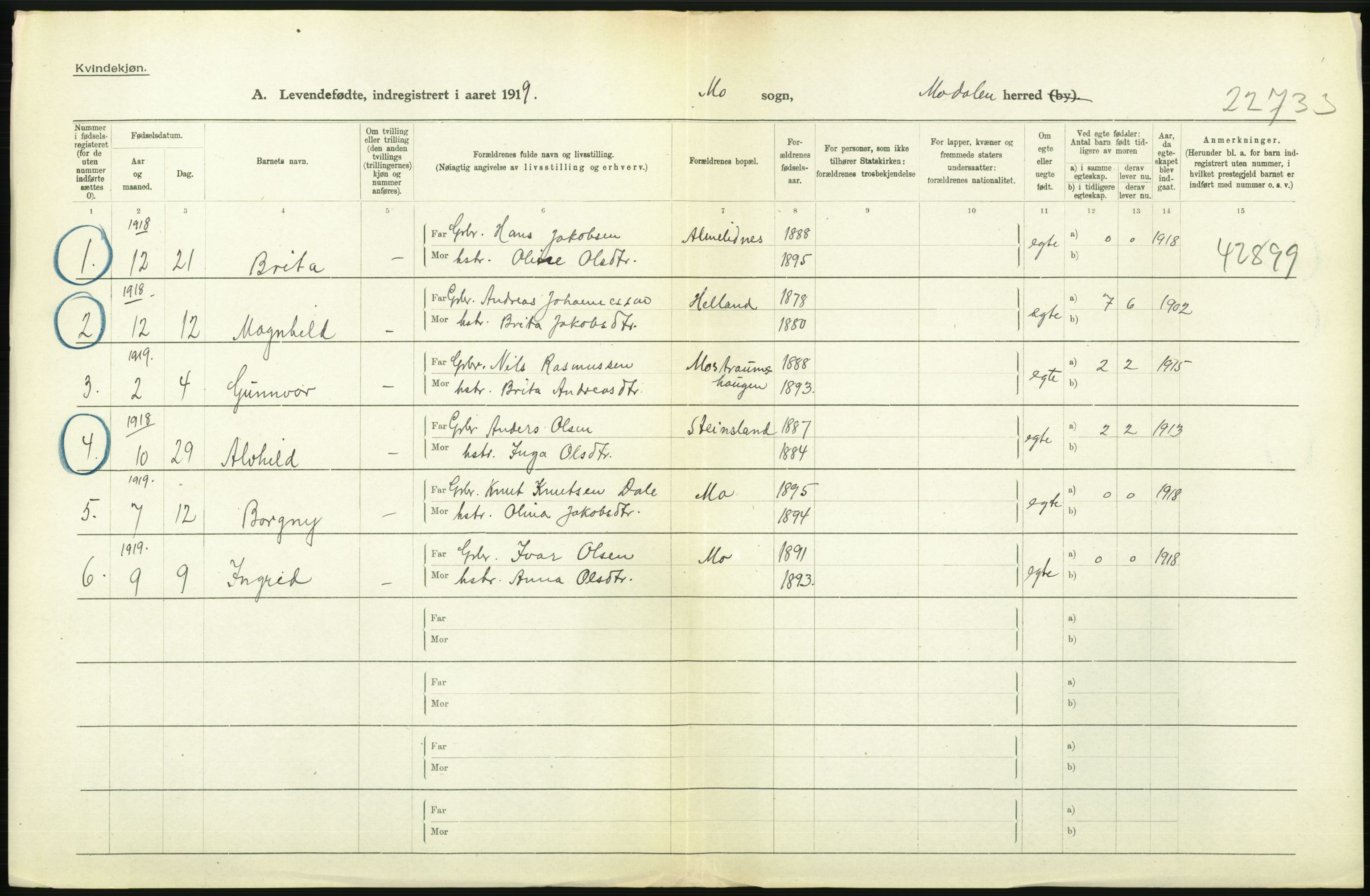 Statistisk sentralbyrå, Sosiodemografiske emner, Befolkning, RA/S-2228/D/Df/Dfb/Dfbi/L0031: Hordaland fylke: Levendefødte menn og kvinner. Bygder., 1919, p. 406