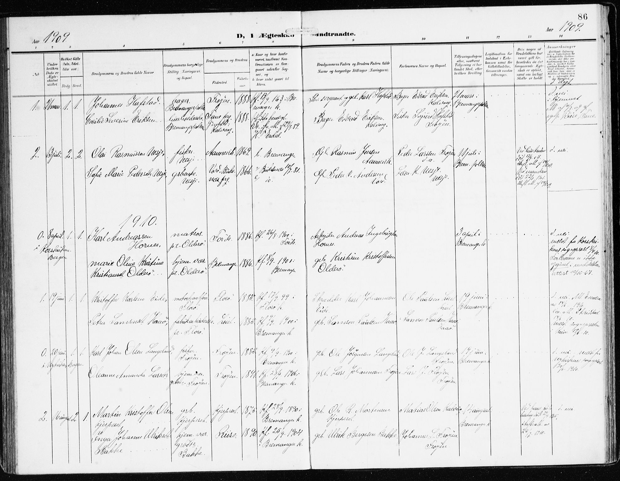 Bremanger sokneprestembete, SAB/A-82201/H/Haa/Haab/L0003: Parish register (official) no. B 3, 1908-1925, p. 86