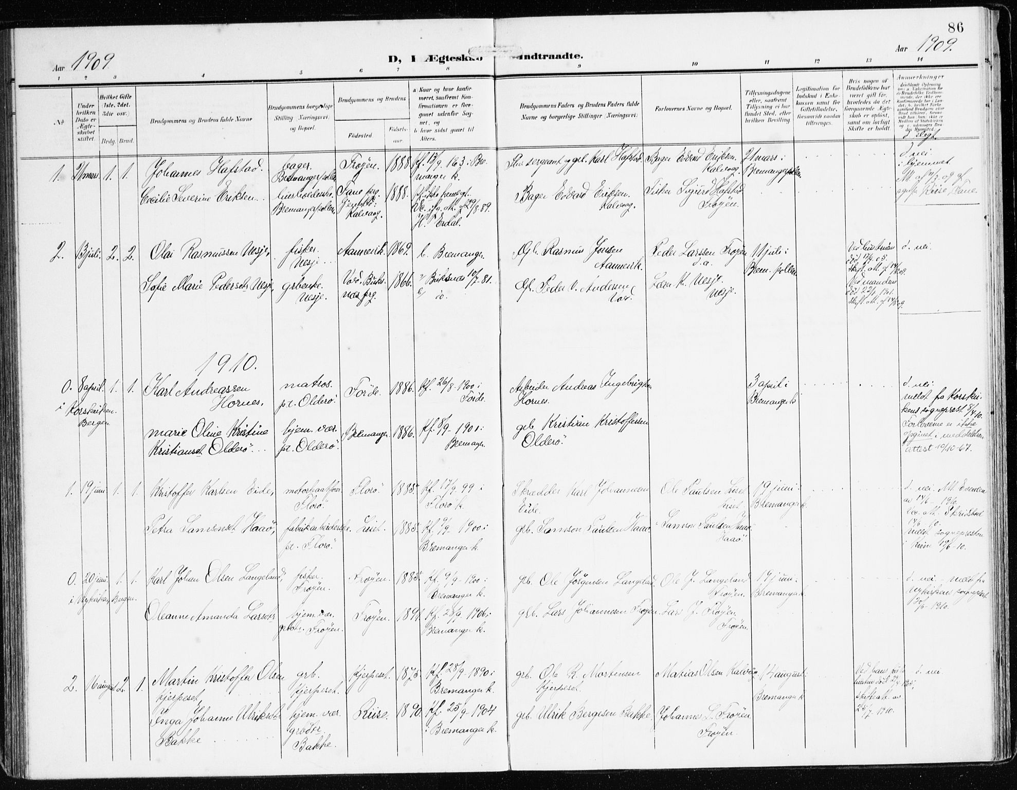 Bremanger sokneprestembete, AV/SAB-A-82201/H/Haa/Haab/L0003: Parish register (official) no. B 3, 1908-1925, p. 86