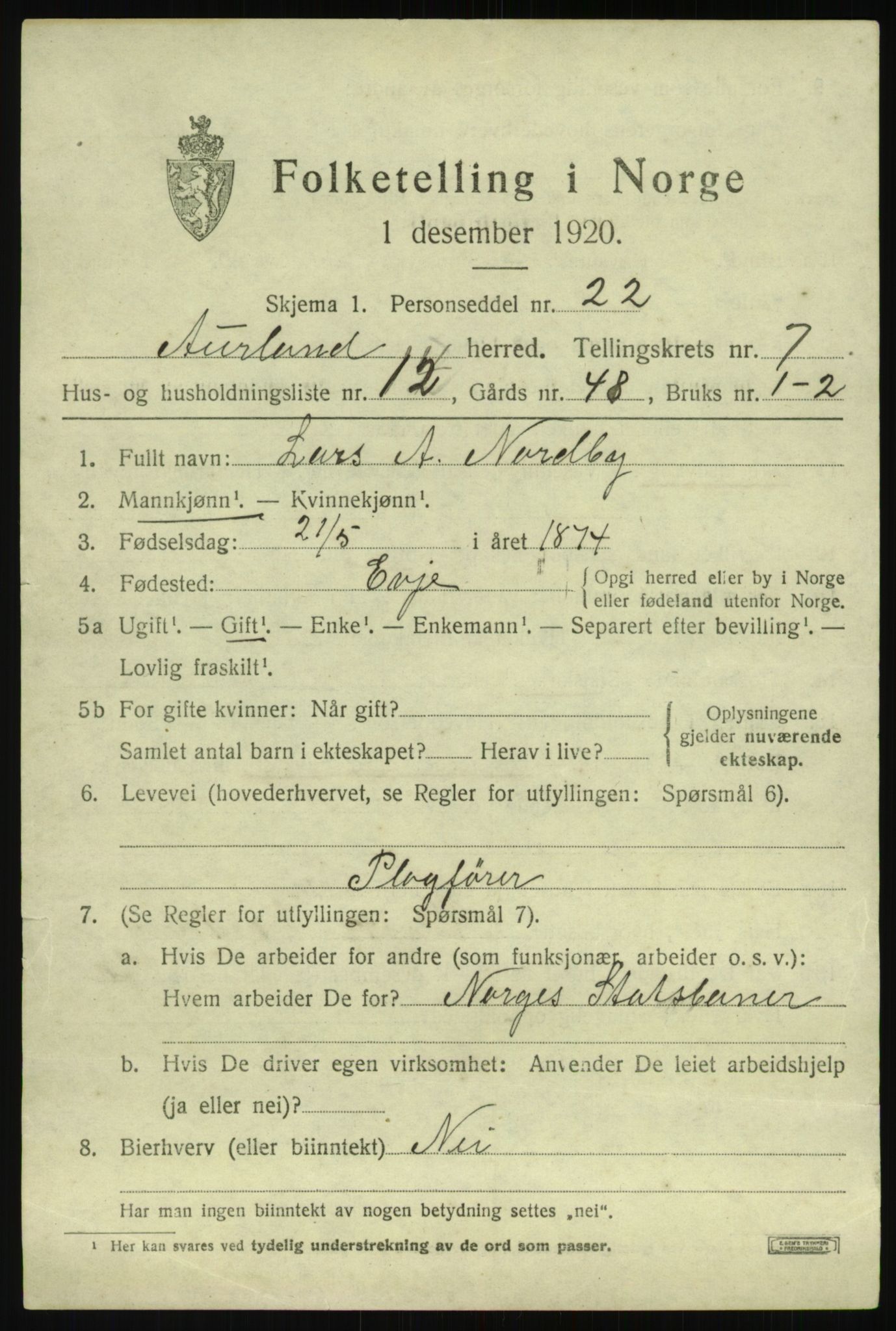 SAB, 1920 census for Aurland, 1920, p. 4286