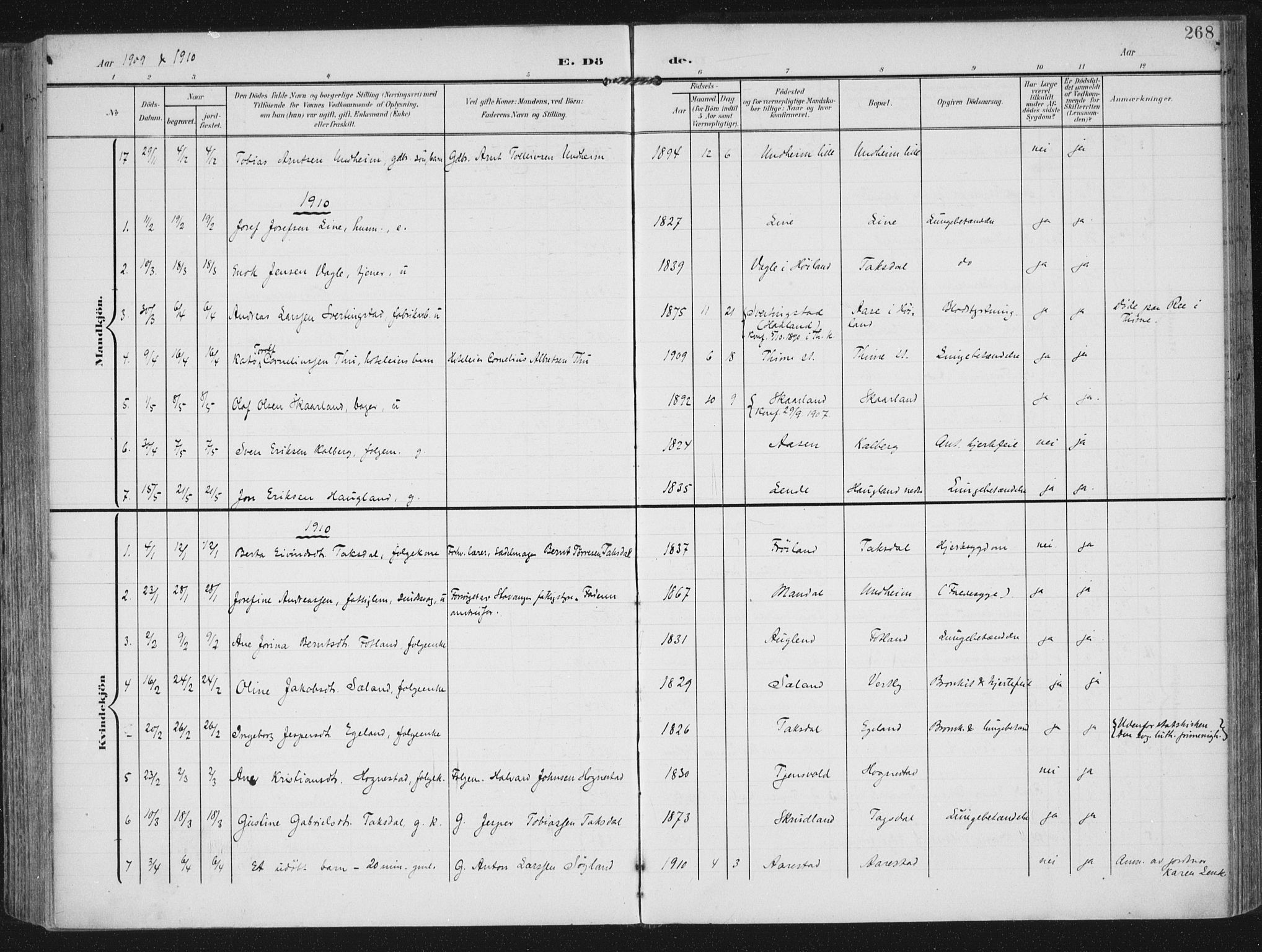 Lye sokneprestkontor, SAST/A-101794/002/A/L0001: Parish register (official) no. A 12, 1904-1920, p. 268