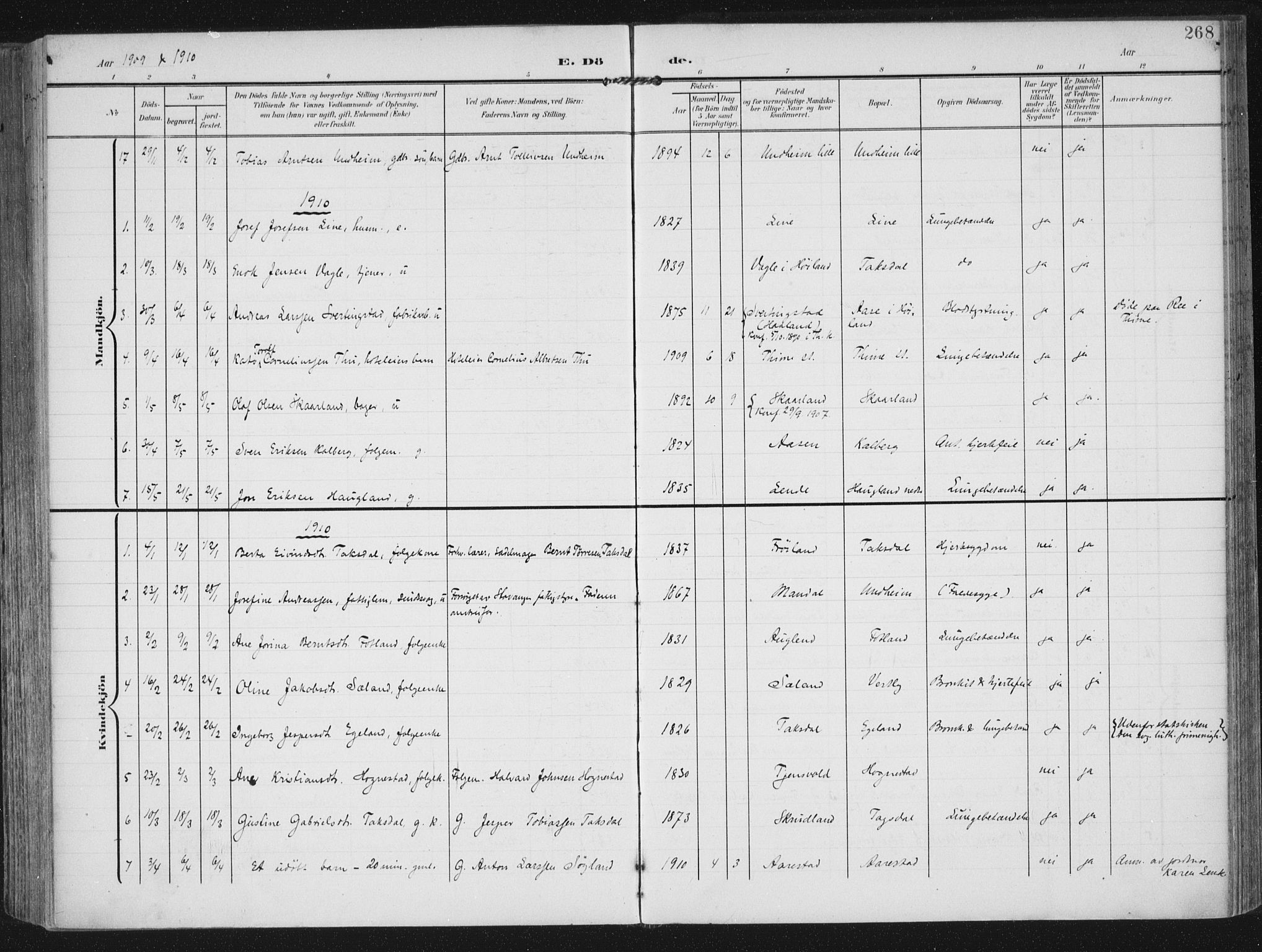 Lye sokneprestkontor, AV/SAST-A-101794/002/A/L0001: Parish register (official) no. A 12, 1904-1920, p. 268