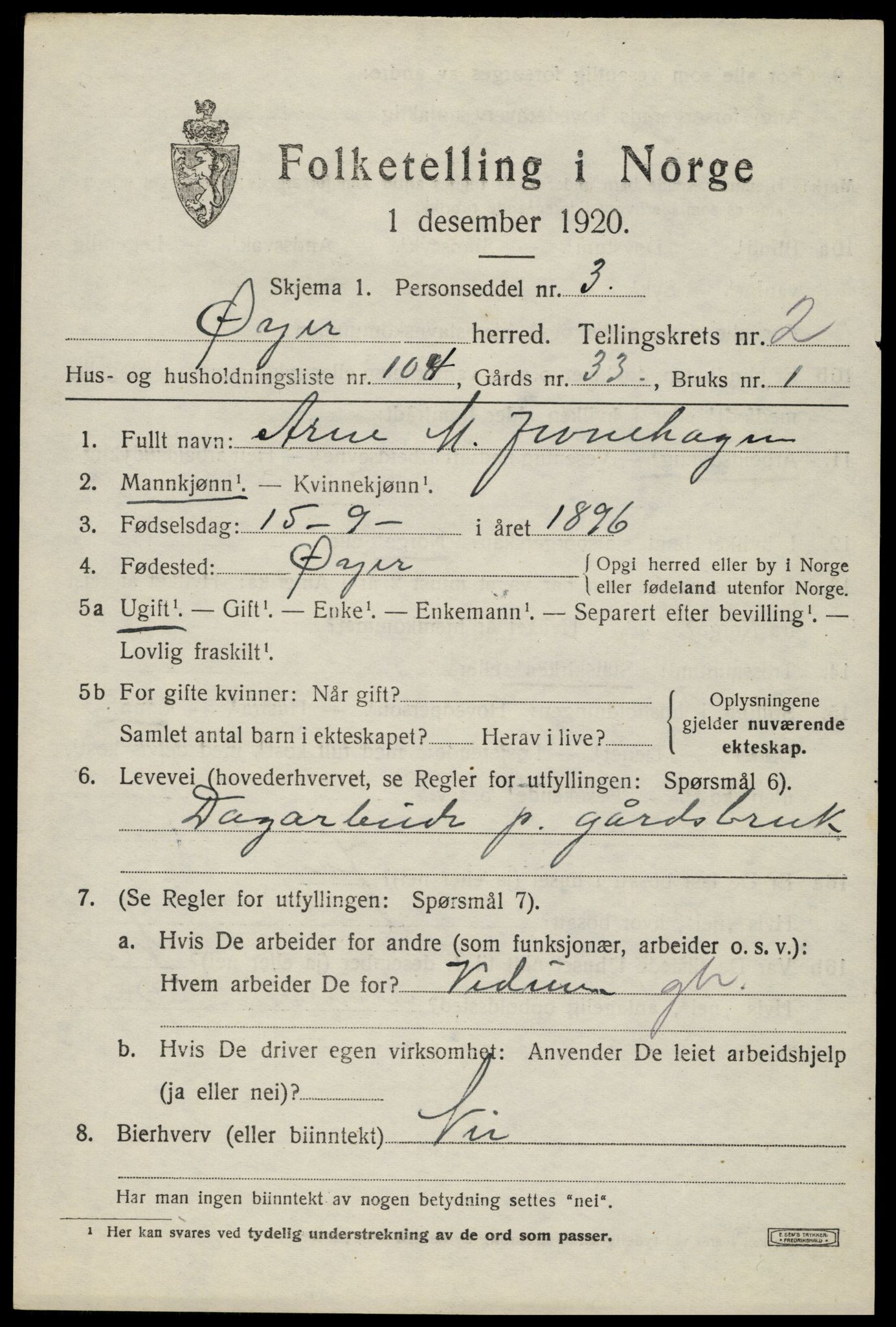 SAH, 1920 census for Øyer, 1920, p. 3275