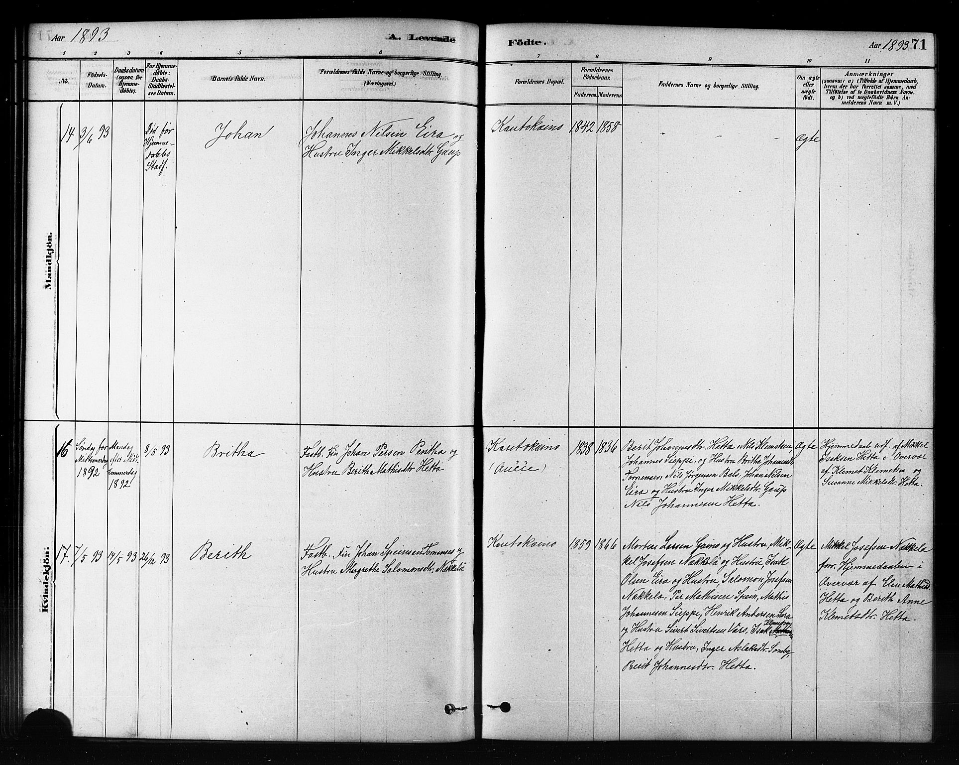 Kautokeino sokneprestembete, AV/SATØ-S-1340/H/Hb/L0002.klokk: Parish register (copy) no. 2, 1877-1896, p. 71