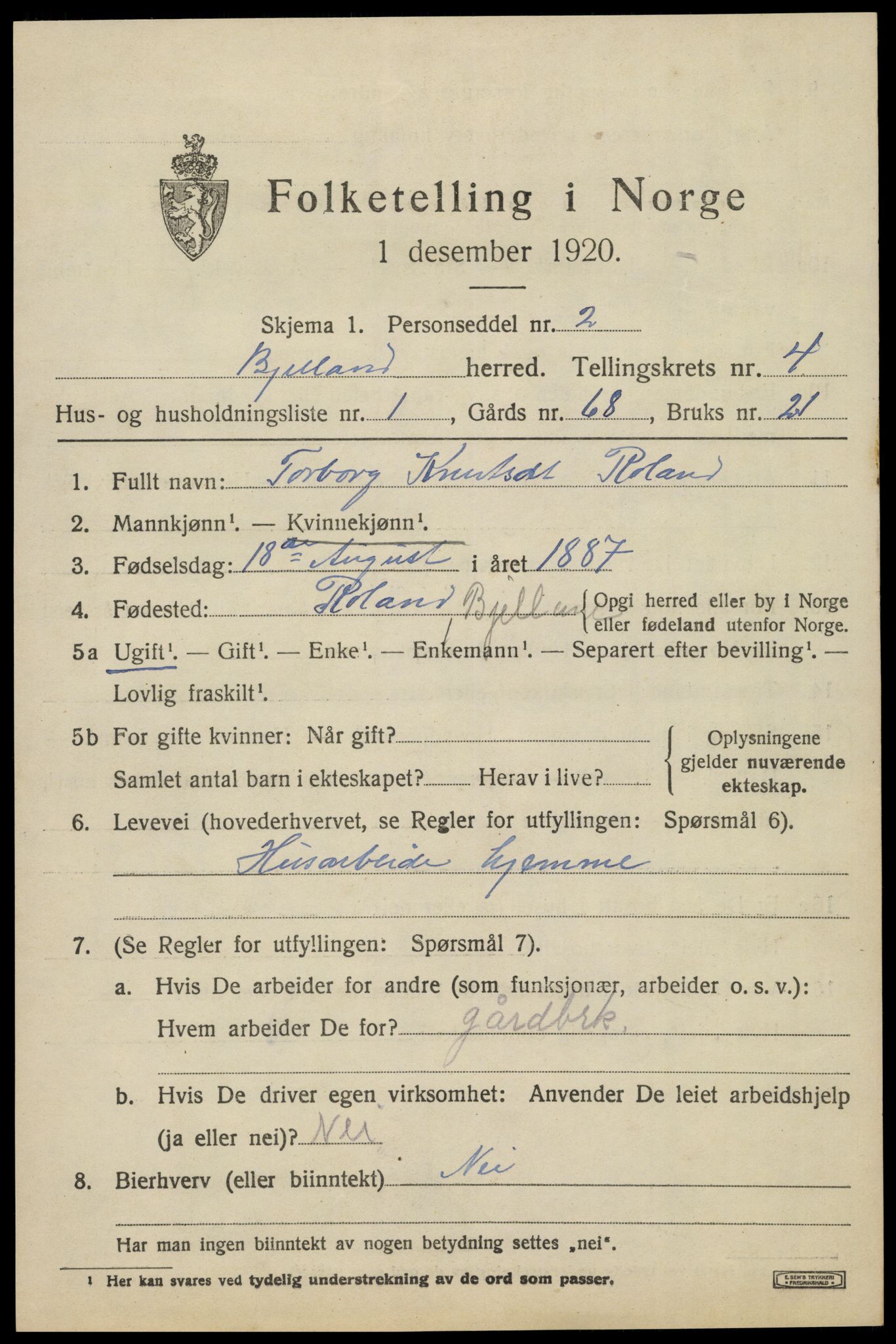 SAK, 1920 census for Bjelland, 1920, p. 1203